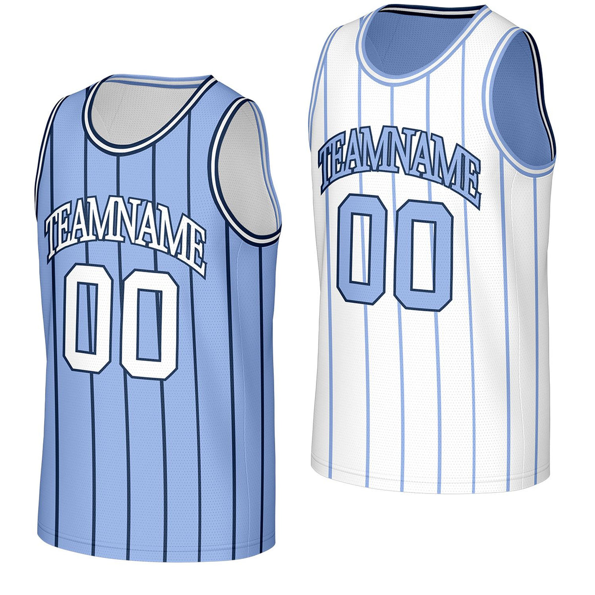 custom school basketball team jerseys light blue white stripe reversible by Vosoli, personalized team name, number &amp; logo, breathable mesh dual sided basketball jersey for school team games