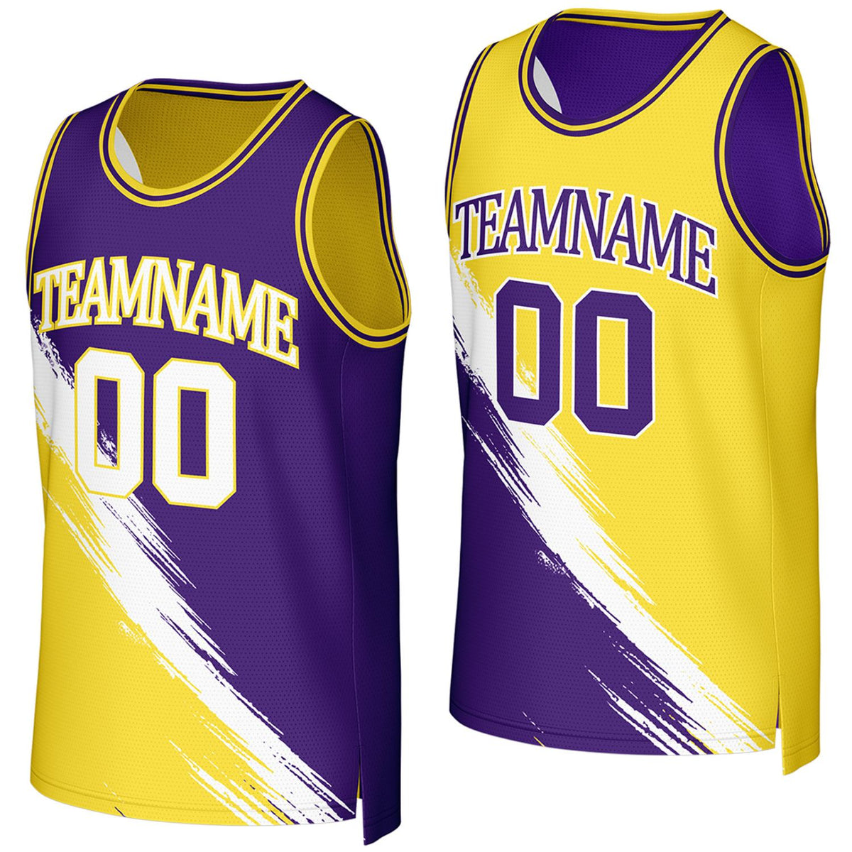 custom school basketball team jerseys purple yellow reversible by Vosoli, Personalized team name, number &amp; logo.