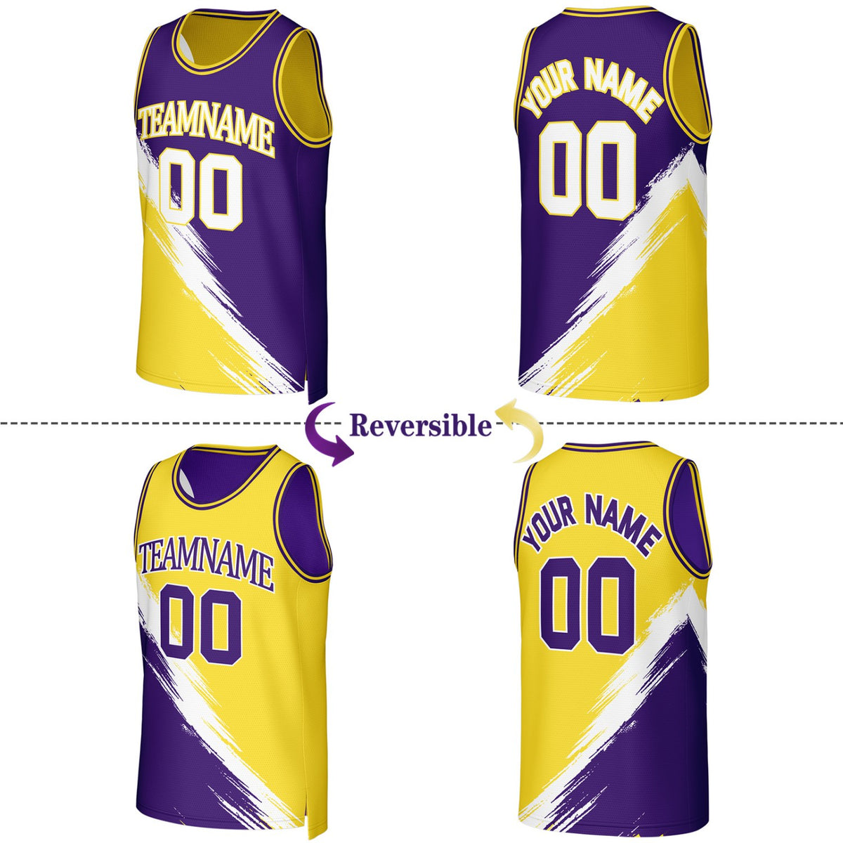 Custom Purple & Yellow Brush Stroke Reversible Basketball Jersey | Personalized Team Uniforms for Adult & Youth