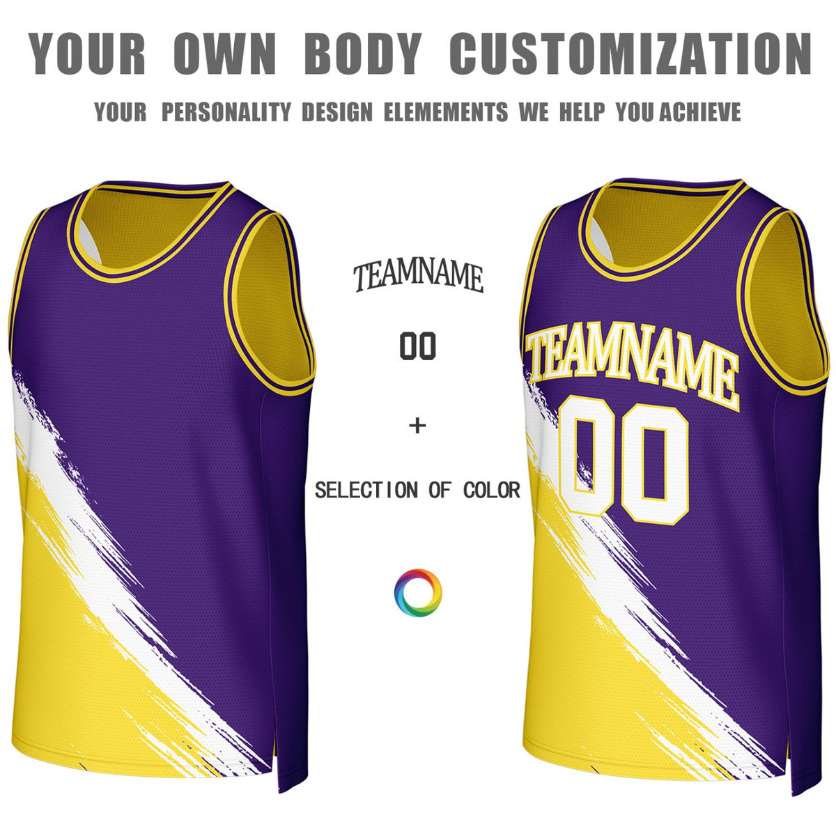 Custom Purple & Yellow Brush Stroke Reversible Basketball Jersey | Personalized Team Uniforms for Adult & Youth