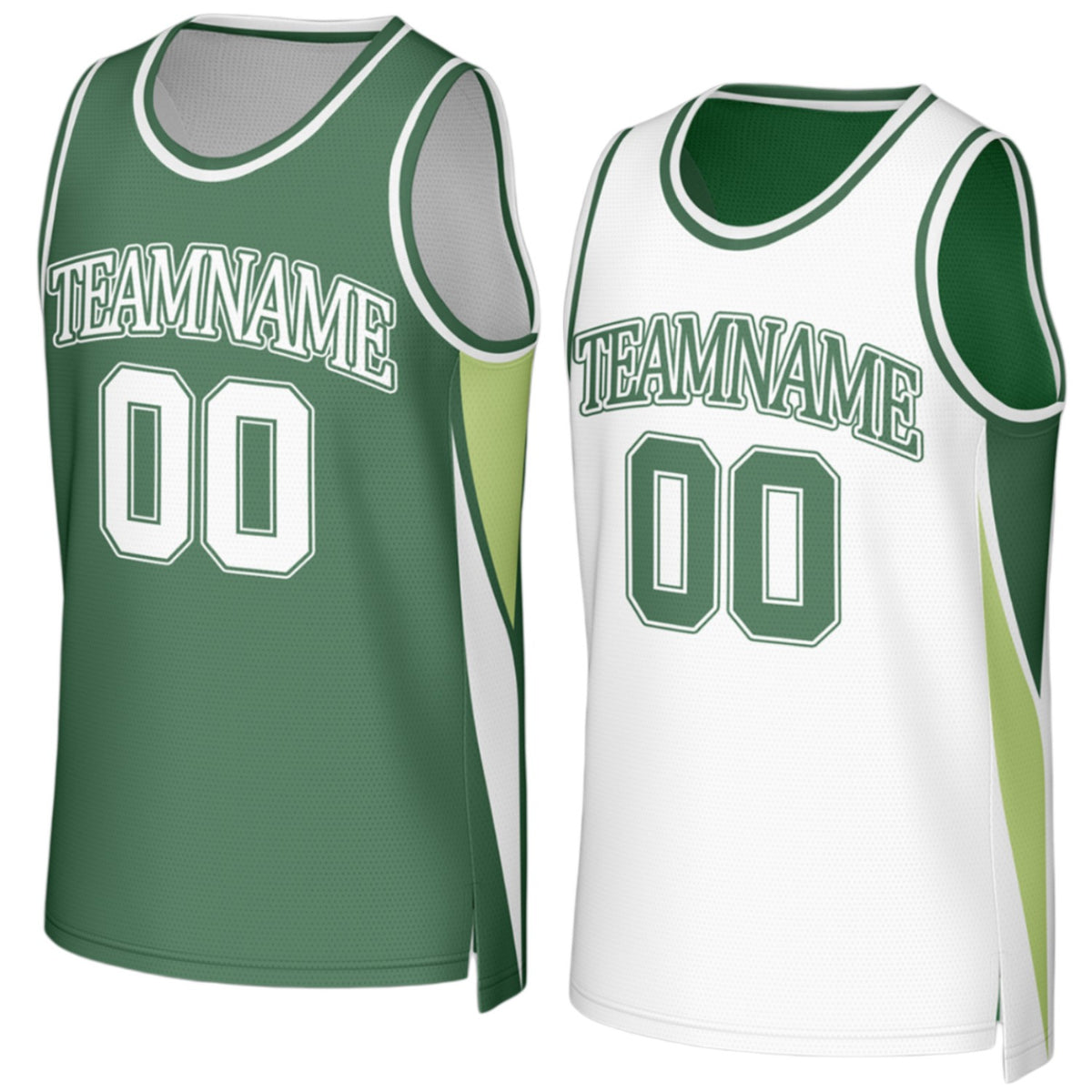 Custom school basketball team reversible dark green and white basketball jersey by Vosoli with personalized team name, number and logo on both sides, breathable mesh 2‑in‑1 jersey for school, junior high, high school and AAU teams