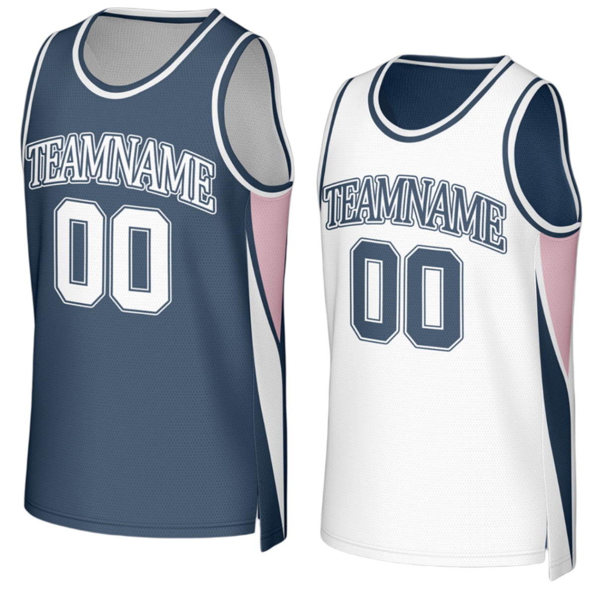 Custom school basketball team reversible navy and white basketball jersey by Vosoli with personalized team name, number and logo on both sides, breathable mesh 2‑in‑1 jersey for school, junior high, high school and AAU teams