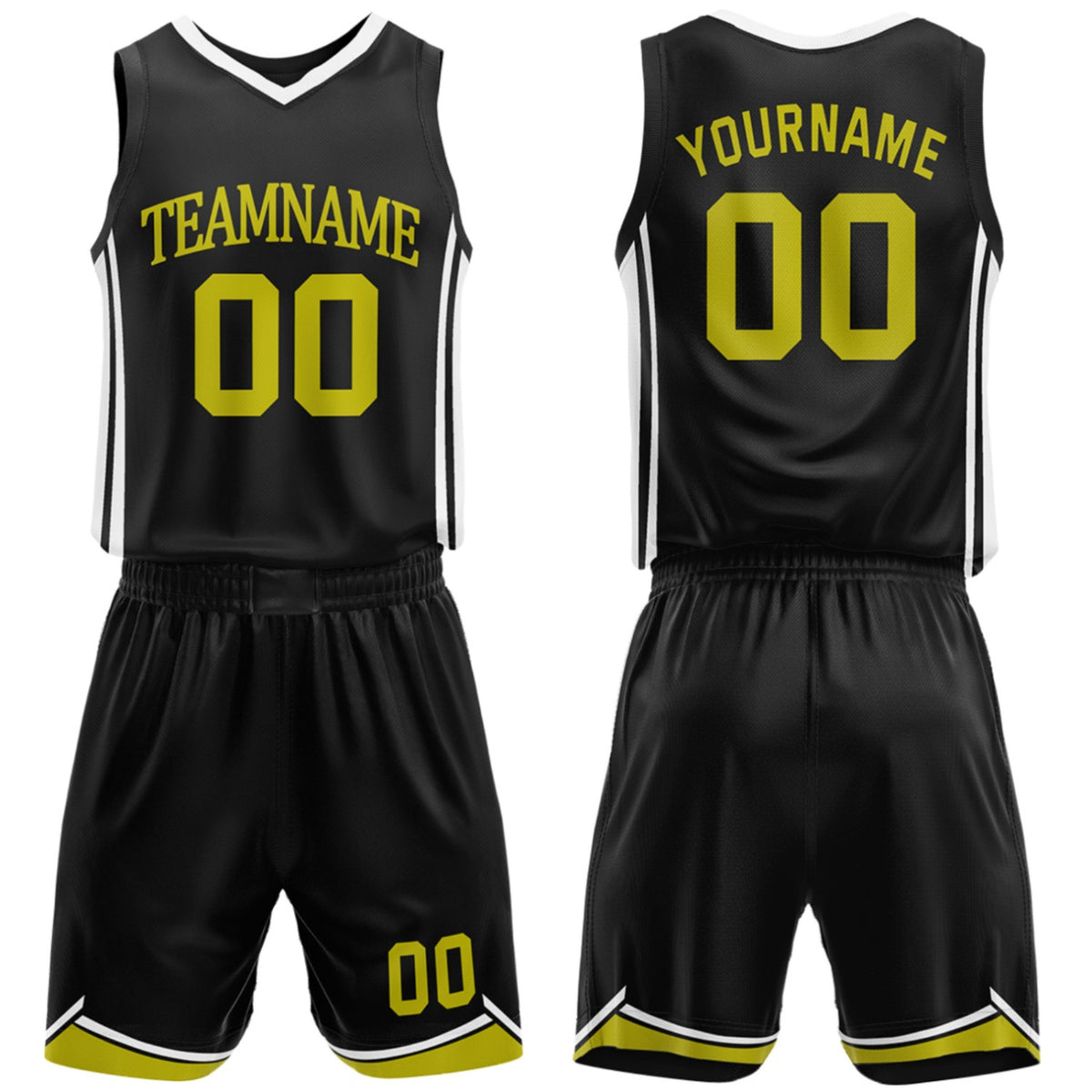 Custom school basketball uniforms black‑gold set by Vosoli, personalized team name, number & logo, breathable mesh jersey and shorts for high school, youth and AAU teams