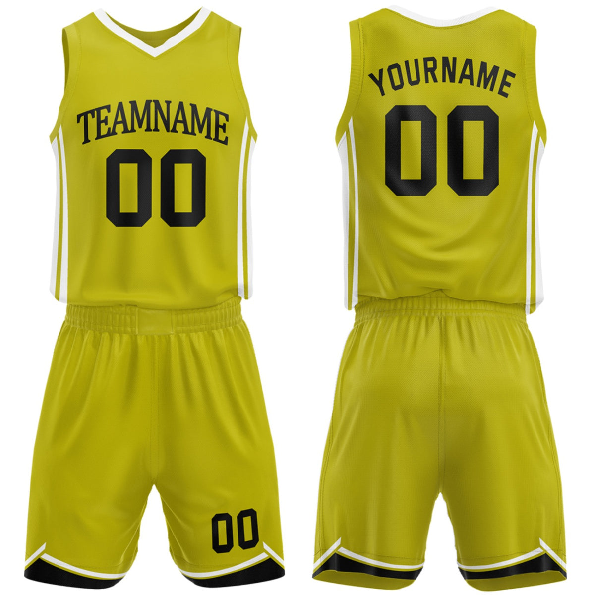 Custom school basketball uniforms lemon yellow‑black set by Vosoli, personalized team name, number & logo, breathable mesh jersey and shorts for high school, youth and AAU teams