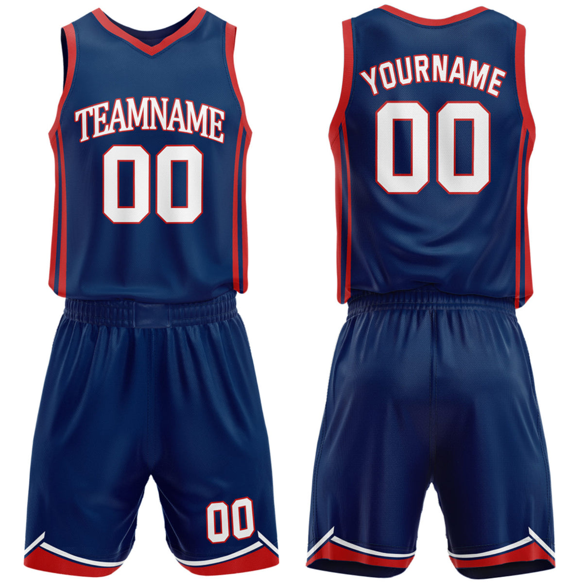 Custom school basketball uniforms navy‑red‑white set by Vosoli, personalized team name, number & logo, breathable mesh jersey and shorts for high school, youth and AAU teams