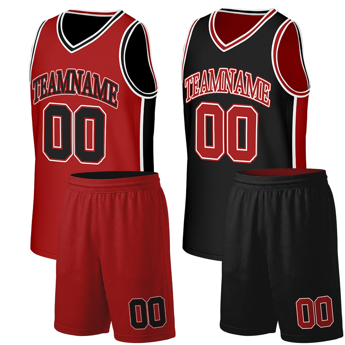 Custom school basketball uniforms red black reversible by Vosoli. Personalized team name, number &amp; logo. Breathable mesh. Fast delivery.