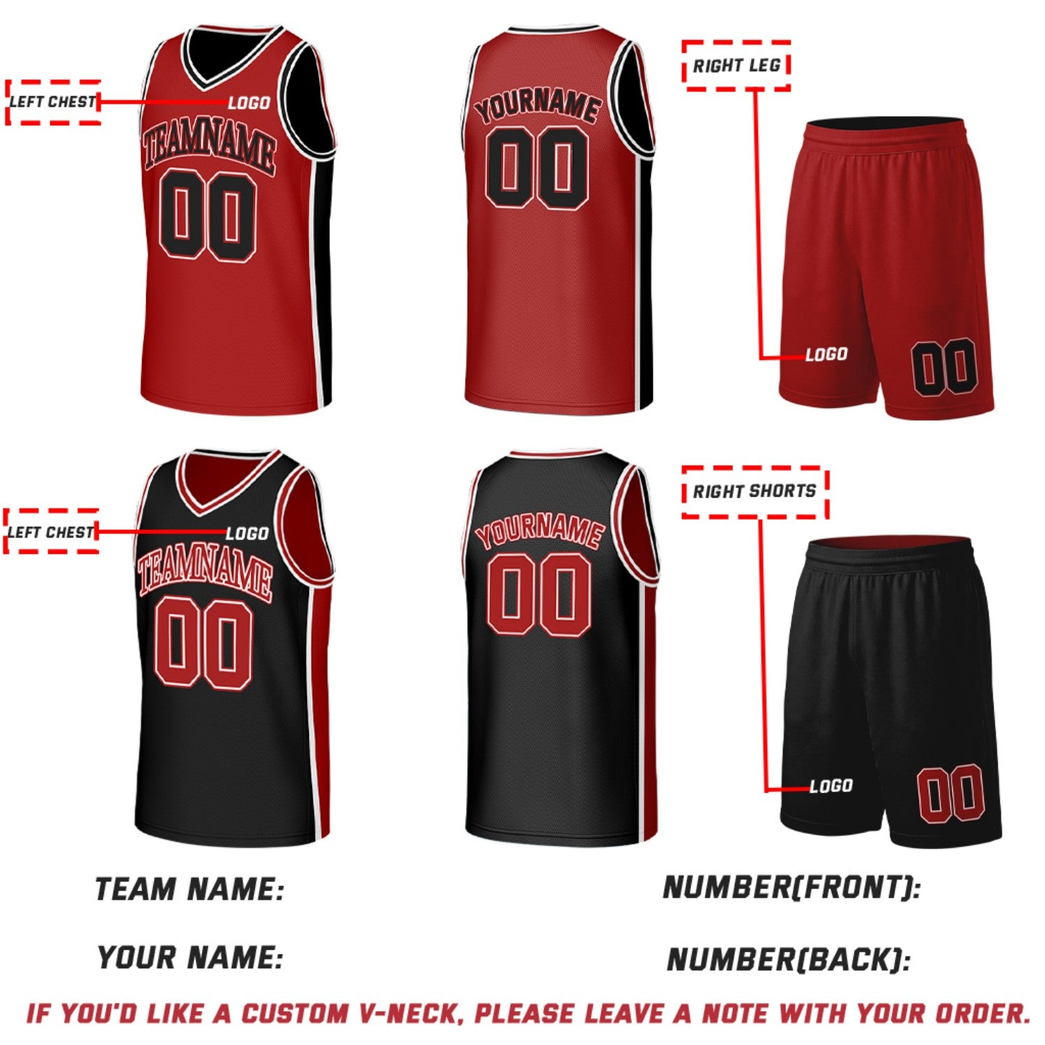 Custom Red & Black Double Sided Basketball Uniform Set | Personalized Team Uniforms for Adult & Youth
