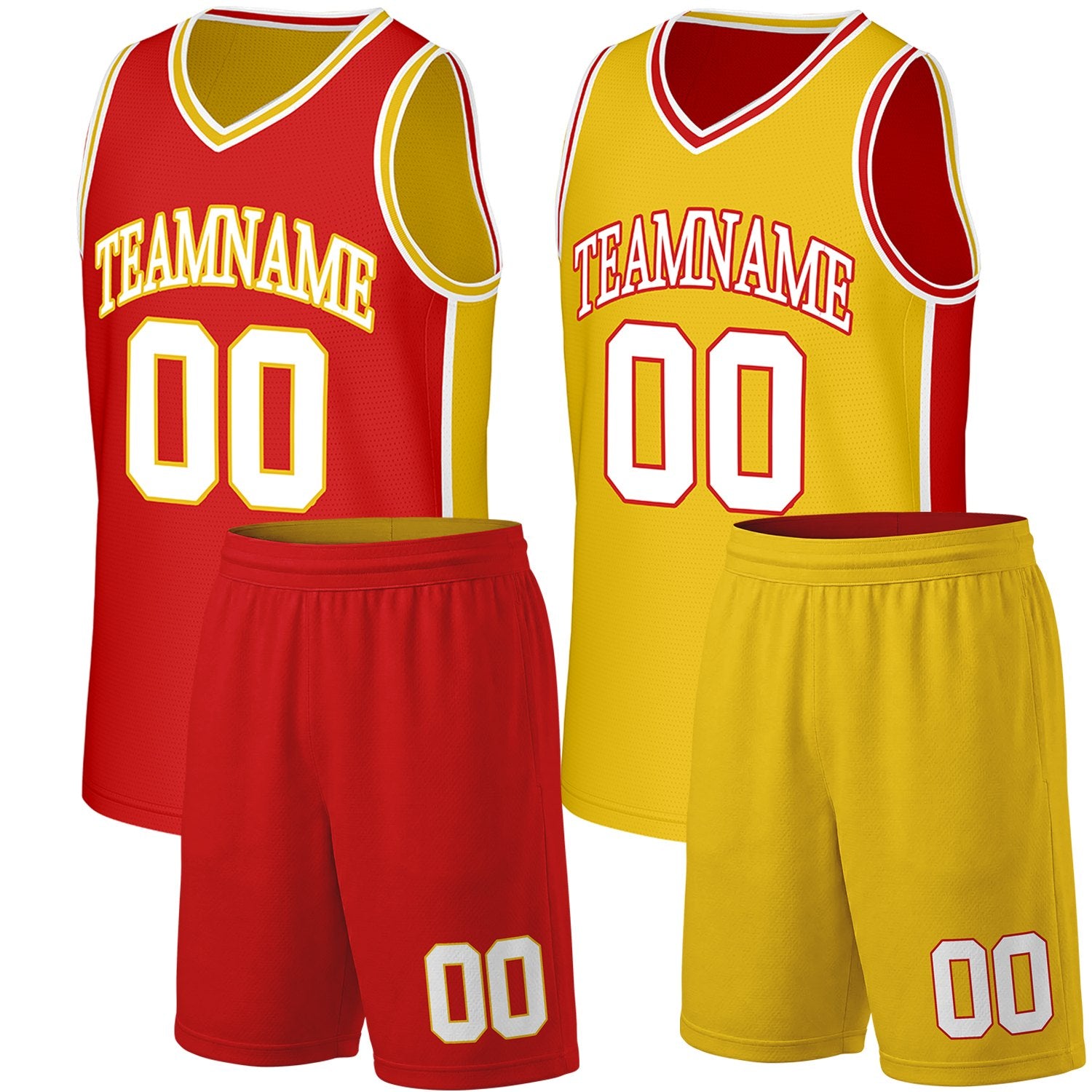 Custom school basketball uniforms red yellow reversible by Vosoli. Personalized team name, number & logo. Breathable mesh. Fast delivery.