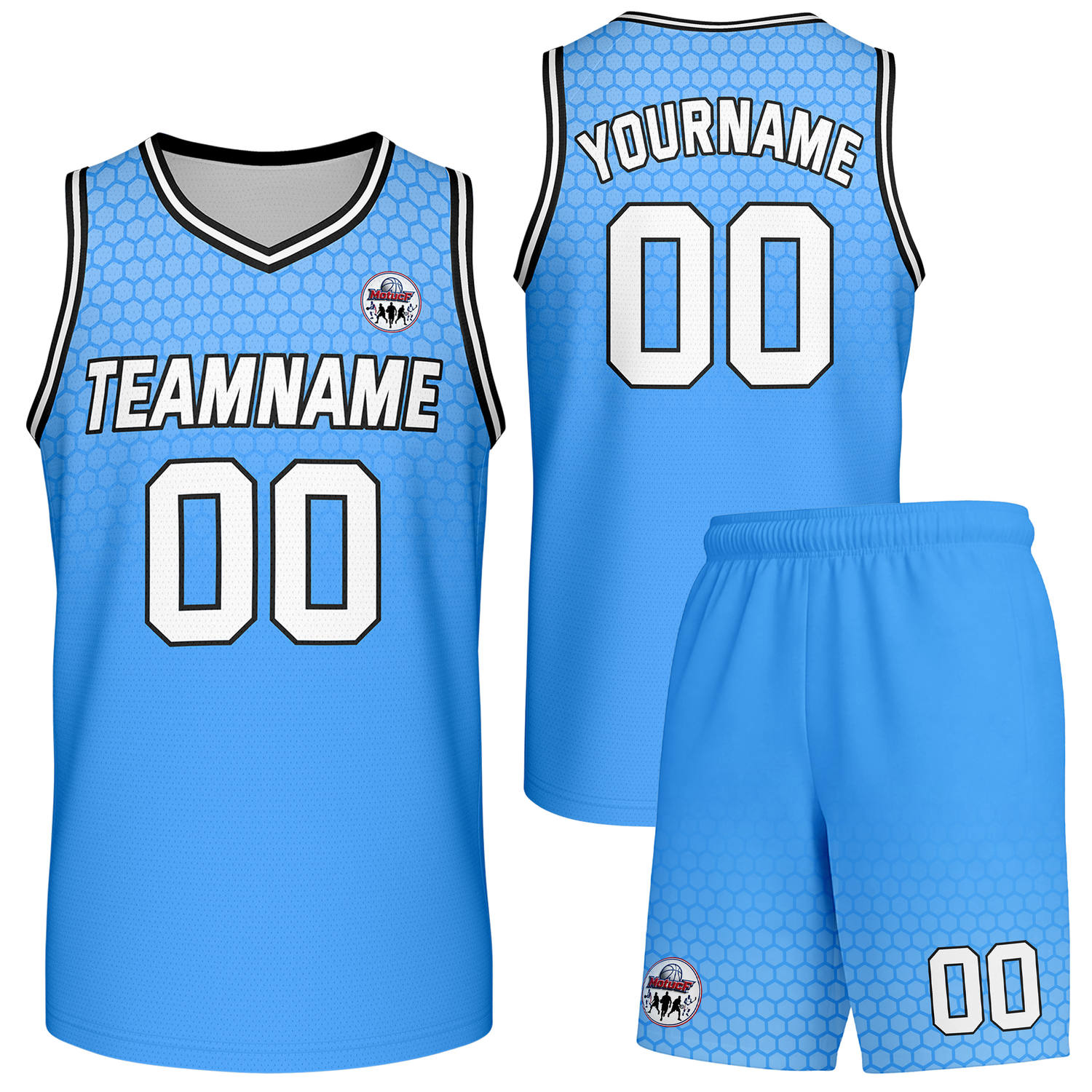 Custom sky blue honeycomb-pattern basketball uniform set, personalized team name number logo breathable mesh jersey and shorts men women youth game practice - Vosoli