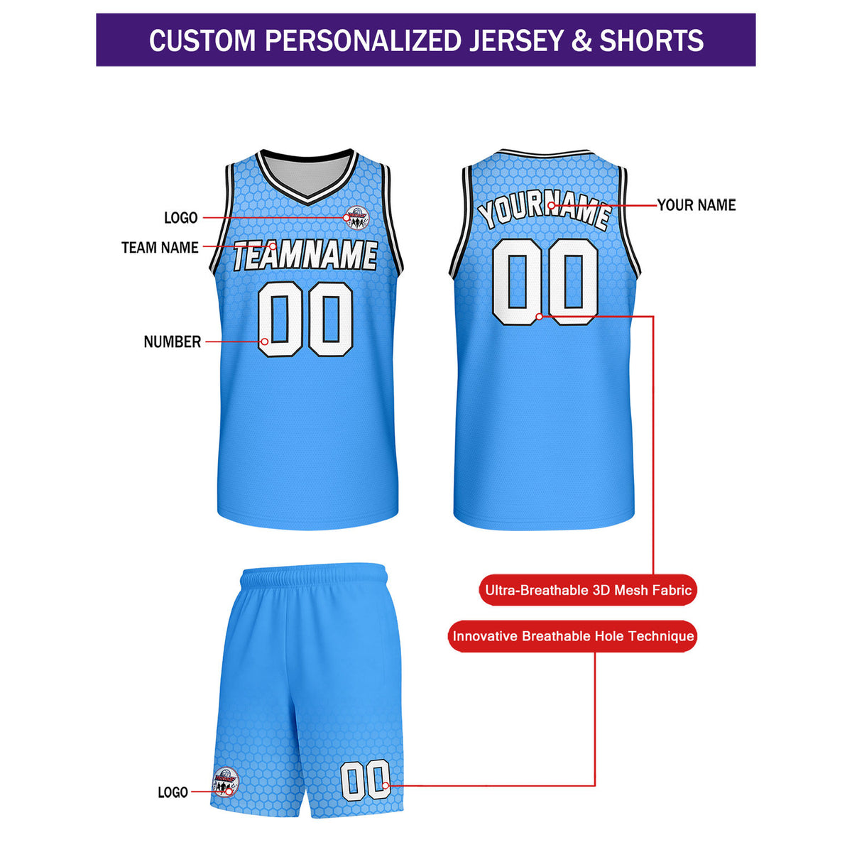 Custom Sky Blue Honeycomb Basketball Uniform Set | Personalized Team Name & Number - Vosoli