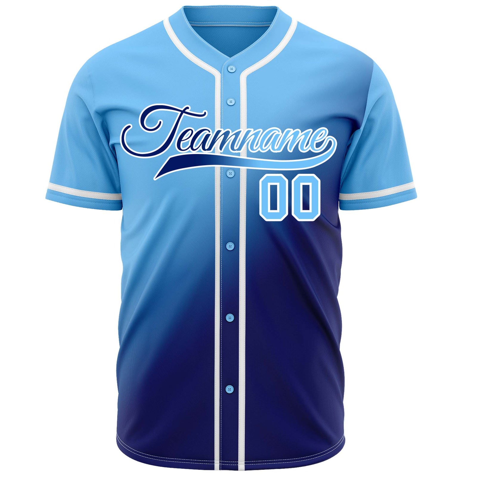 Custom sky blue to royal blue gradient baseball jersey, button-front style with white trim, suitable for team sports and casual wear - Vosoli