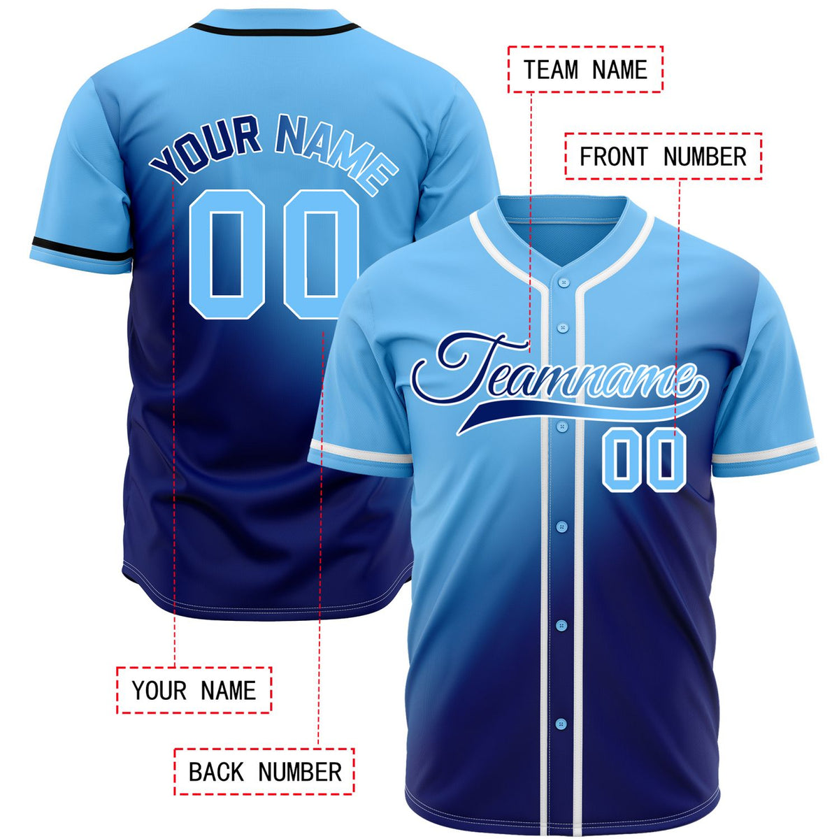 Custom Sky Blue and Royal Gradient Baseball Jersey - Personalized Team Uniforms