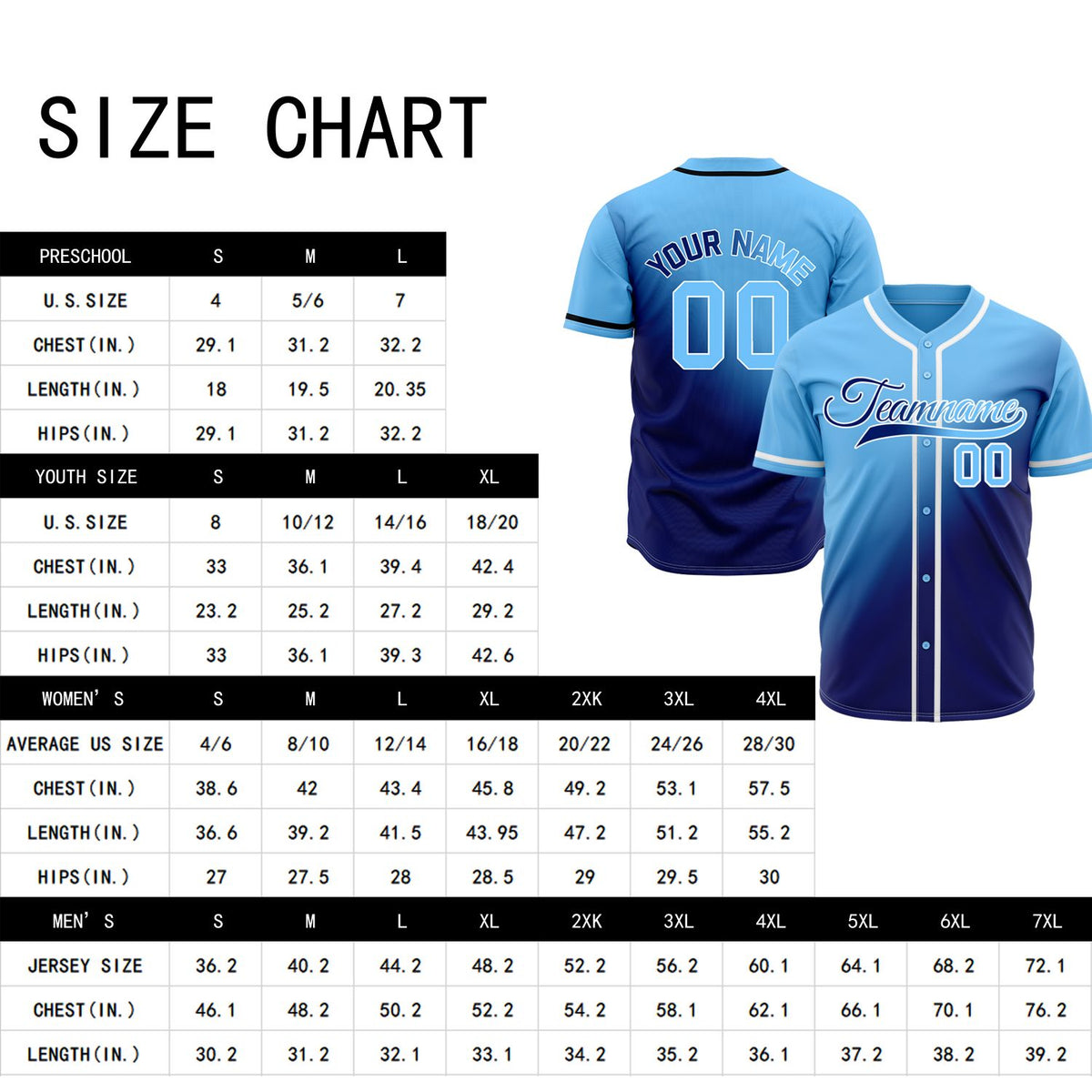 Custom Sky Blue and Royal Gradient Baseball Jersey - Personalized Team Uniforms