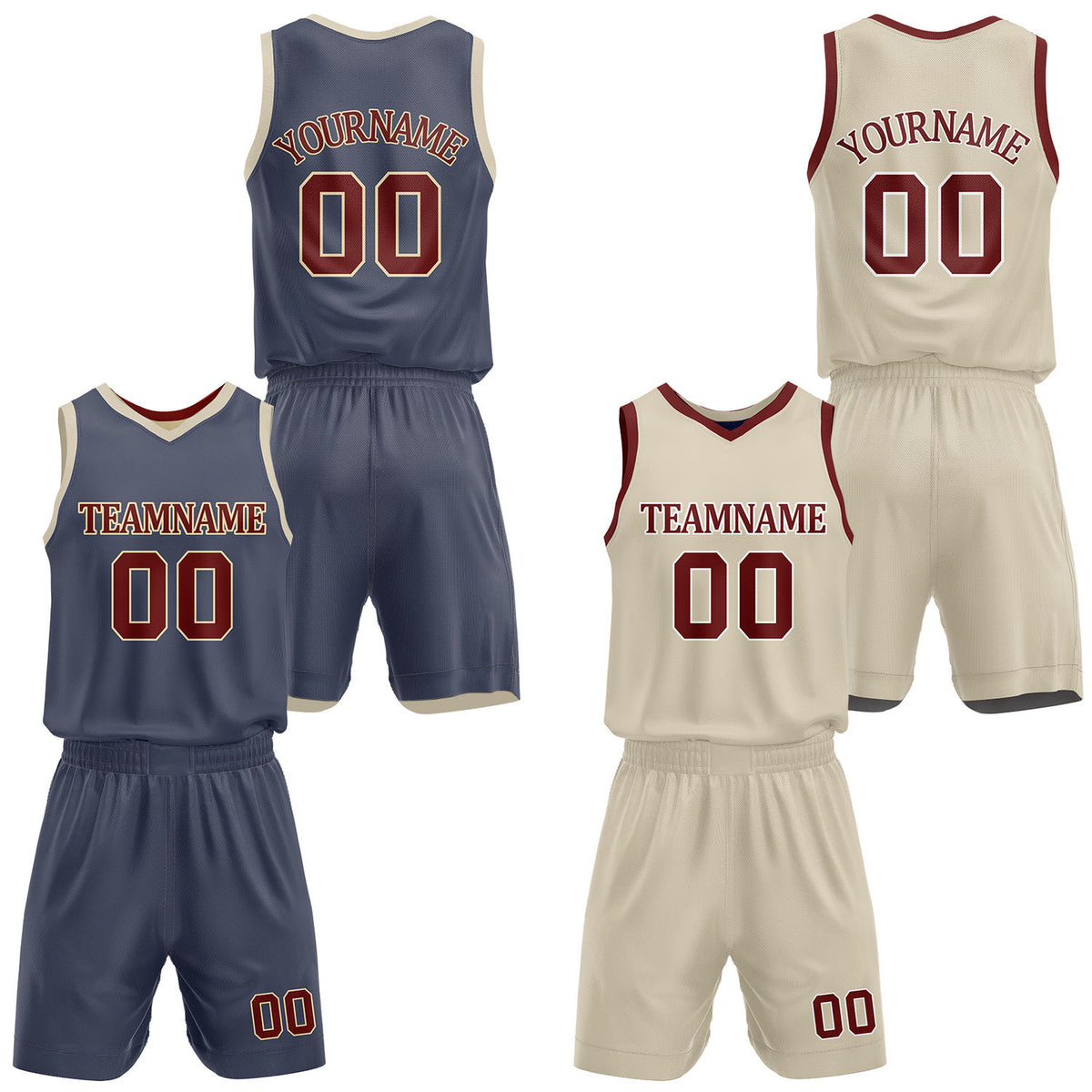 Custom slate blue &amp; cream reversible basketball jersey shorts set by Vosoli | Personalized team name number casual uniform sportswear