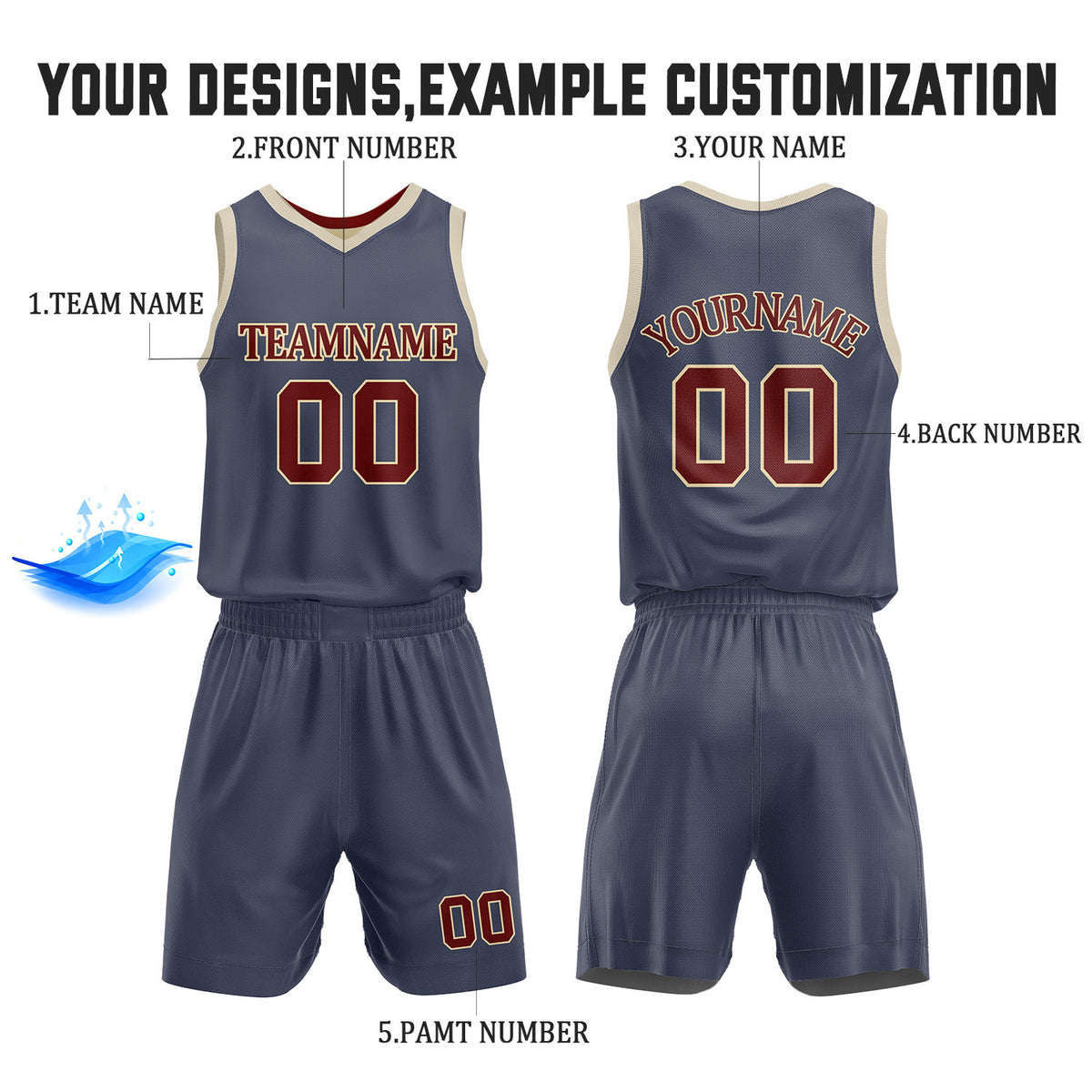 Custom Slate Blue & Cream Reversible Basketball Jersey Shorts Set | Personalized Full Team Uniform
