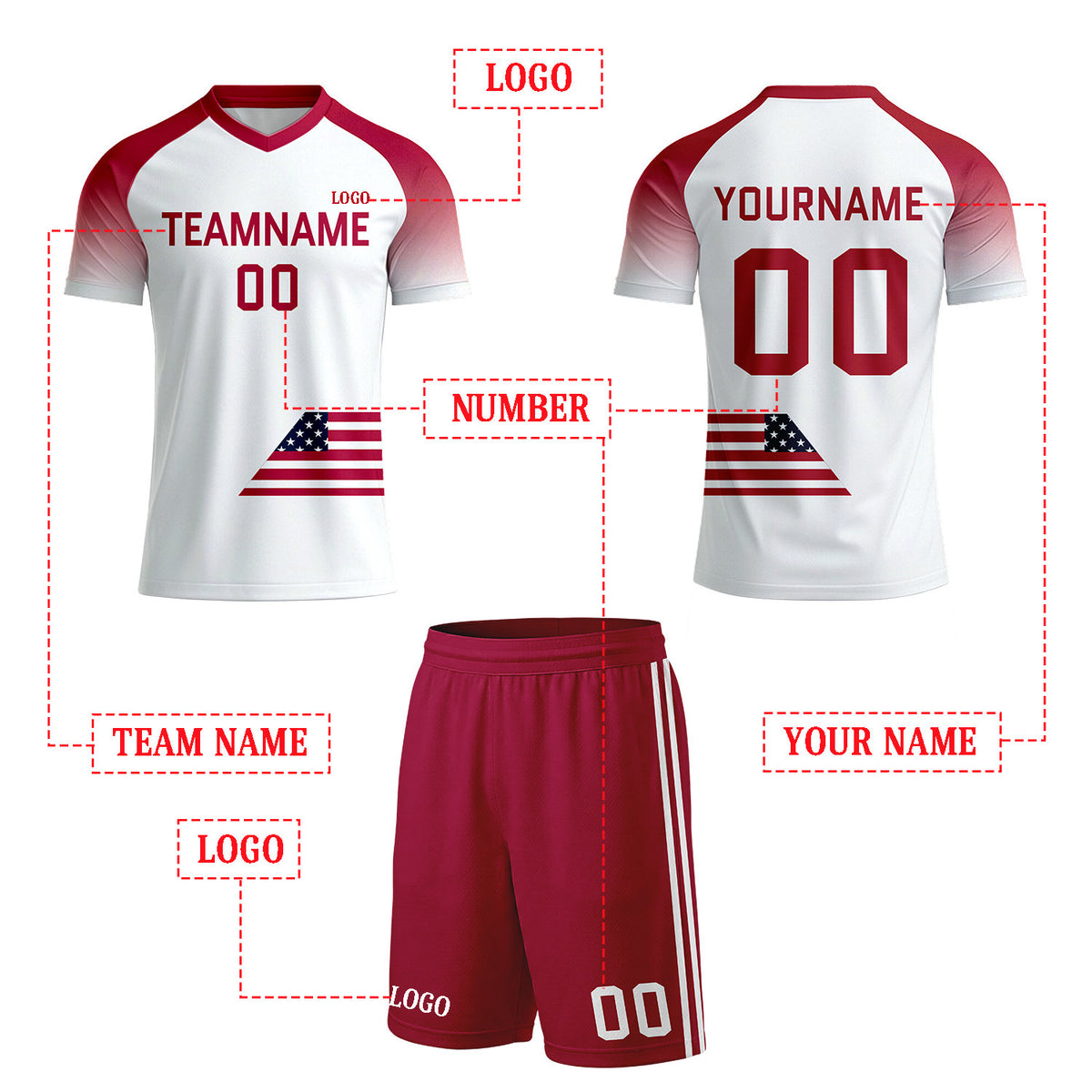 Custom White & Red Gradient Flag Soccer Uniform Set for Youth & Adult Teams