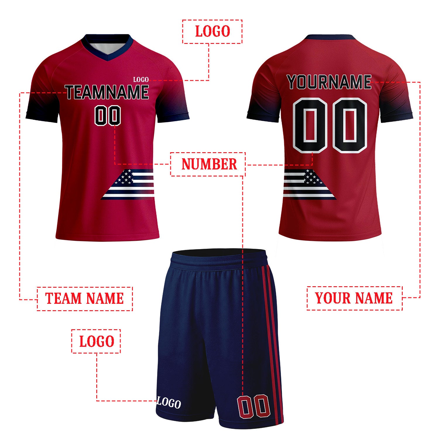Custom Red & Navy Gradient Flag Soccer Uniform Set for Youth & Adult Teams
