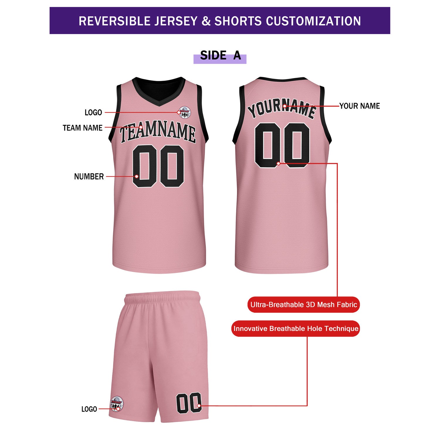Custom Soft Pink & Black Reversible Basketball Uniform Set | Personalized Team Name & Number - Vosoli