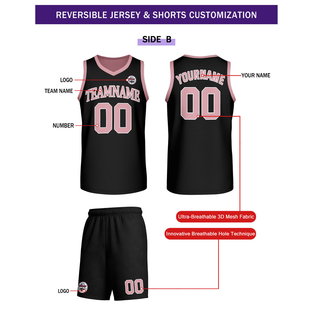 Custom Soft Pink & Black Reversible Basketball Uniform Set | Personalized Team Name & Number - Vosoli