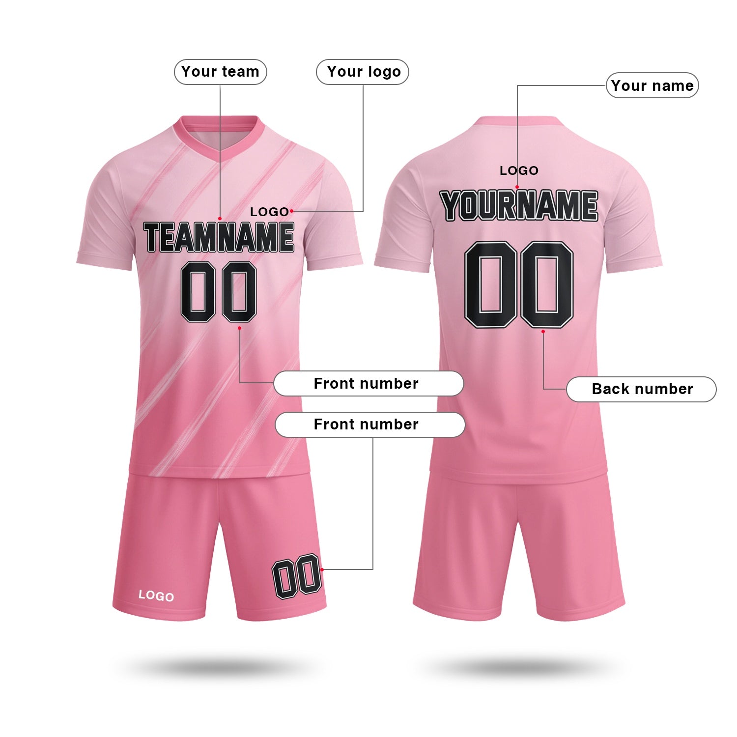 Custom soft pink soccer jersey set, personalized name number team logo, short-sleeve jersey with matching shorts sports uniform for men women youth adult game practice - Vosoli