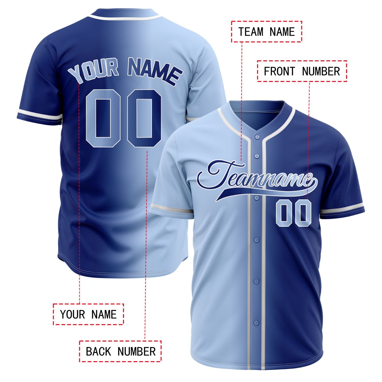 Custom Split Blue Baseball Jersey | Light & Royal Blue Two-Tone Team Uniform