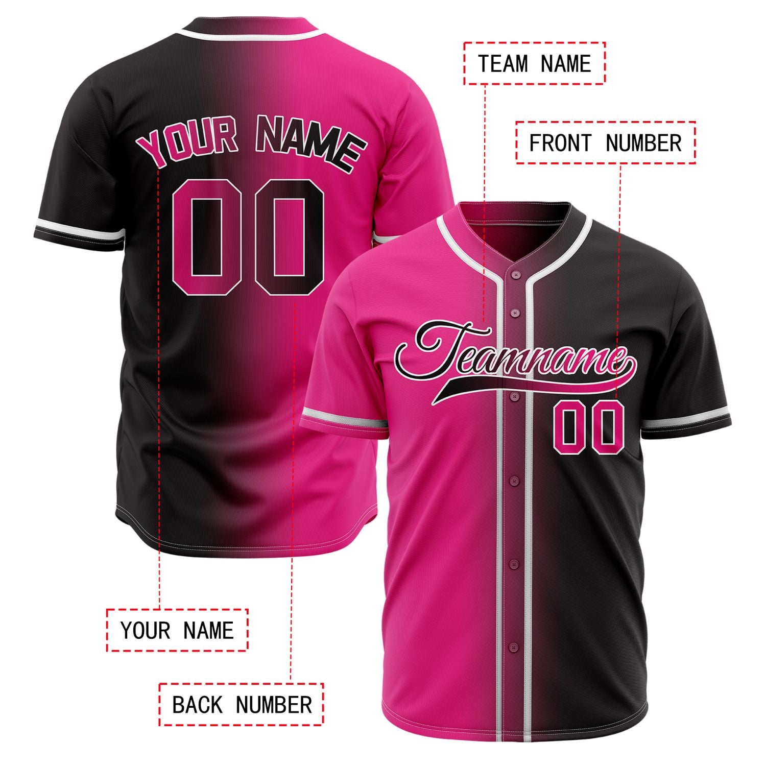 Custom Pink and Black Split Baseball Jersey | Personalized Two-Tone Team Shirts