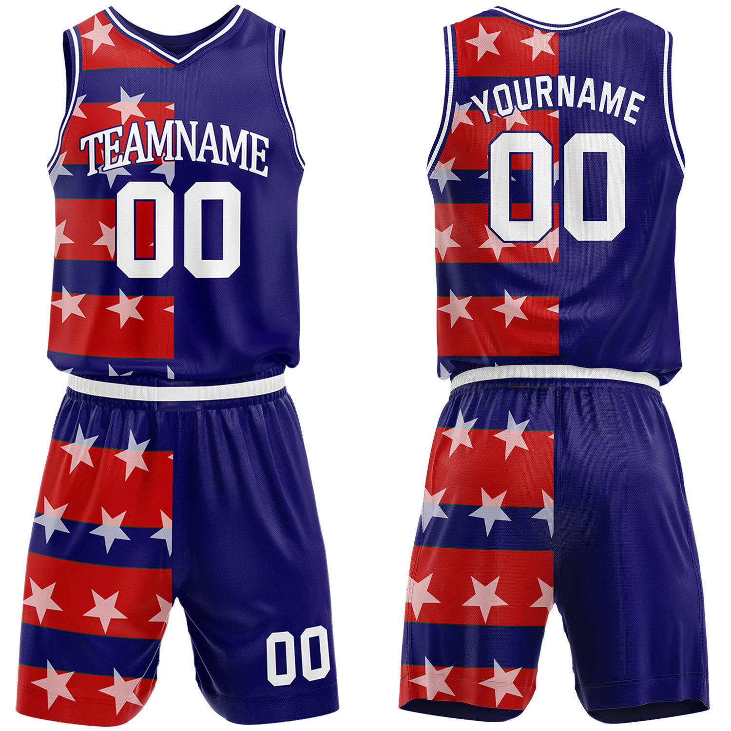 Custom split red & blue star basketball jersey & shorts set by Vosoli | Personalized team name & number sportswear