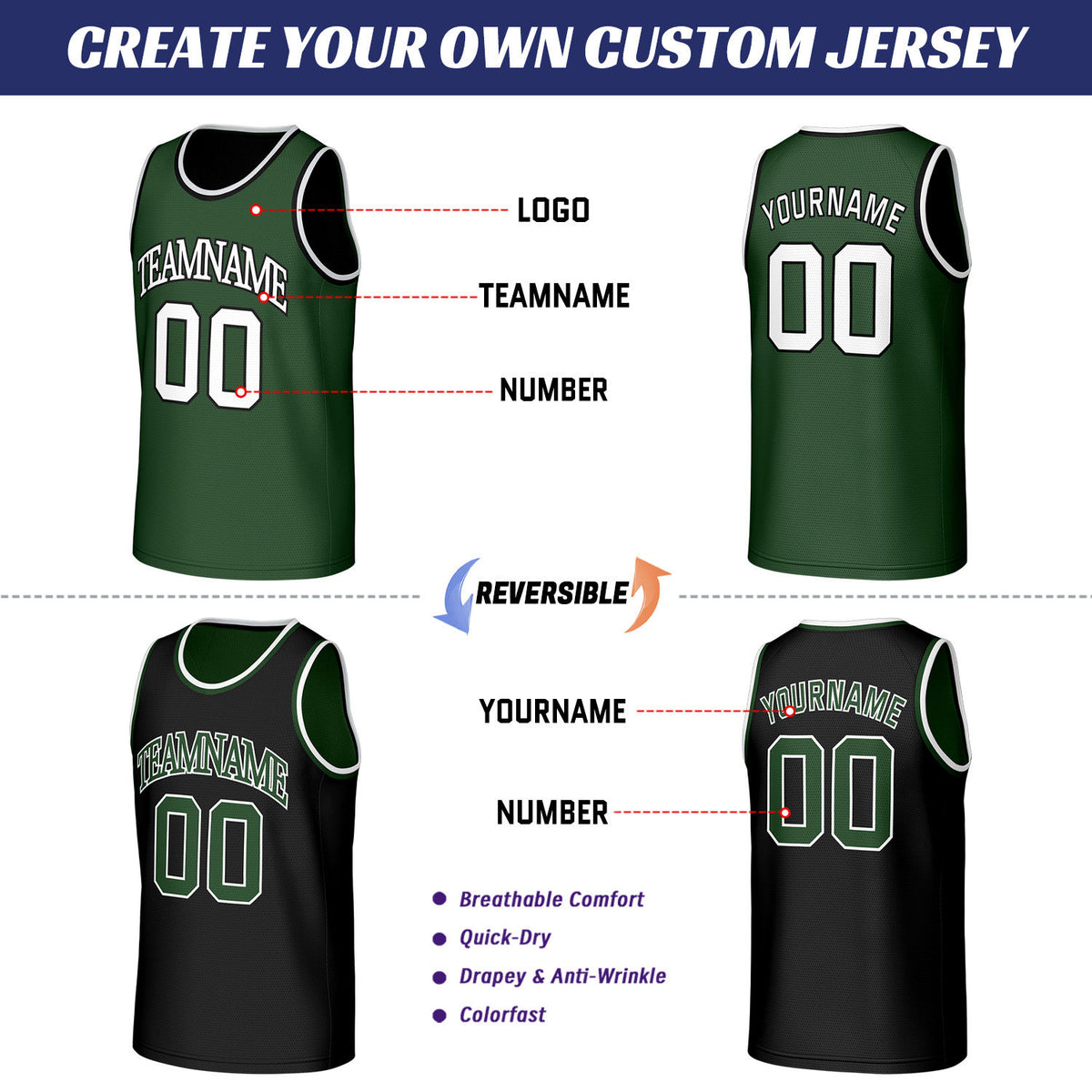 Custom Green & Black Reversible Basketball Jersey | Personalized Sleeveless Mesh Jersey for Men Women Youth