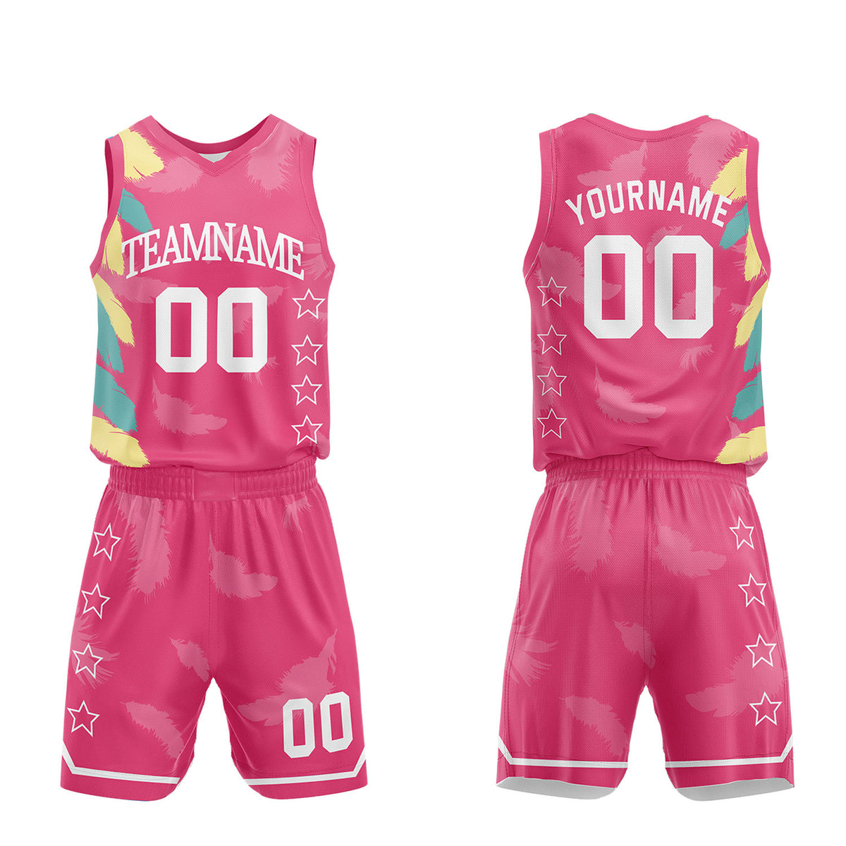 Custom sportswear manufacturer basketball, hot pink feather sublimated jersey and shorts with personalized team name, player number and logo, breathable quick dry mesh for team games.