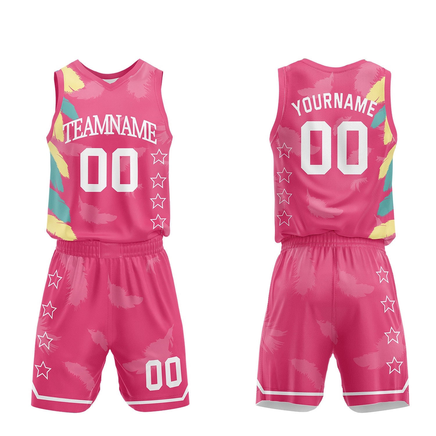 Custom sportswear manufacturer basketball, hot pink feather sublimated jersey and shorts with personalized team name, player number and logo, breathable quick dry mesh for team games.