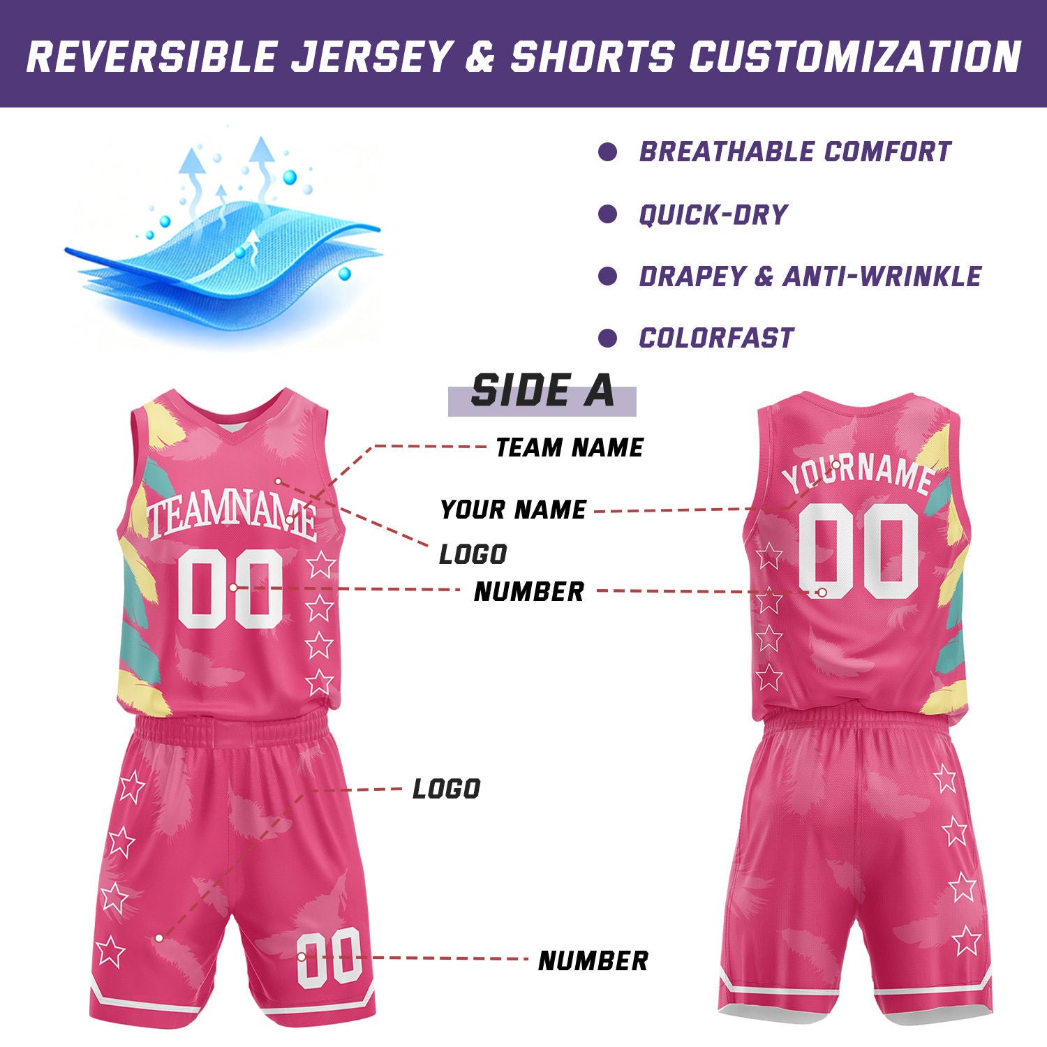 Custom Basketball Jerseys and Shorts Set | Hot Pink Feather V-Neck Sublimated Team Uniform