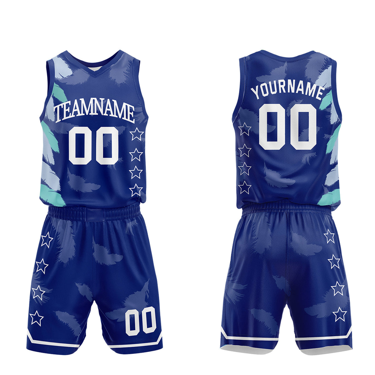 Custom sportswear manufacturer basketball, navy feather sublimated jersey and shorts with personalized team name, player number and logo, breathable quick dry mesh for team games.