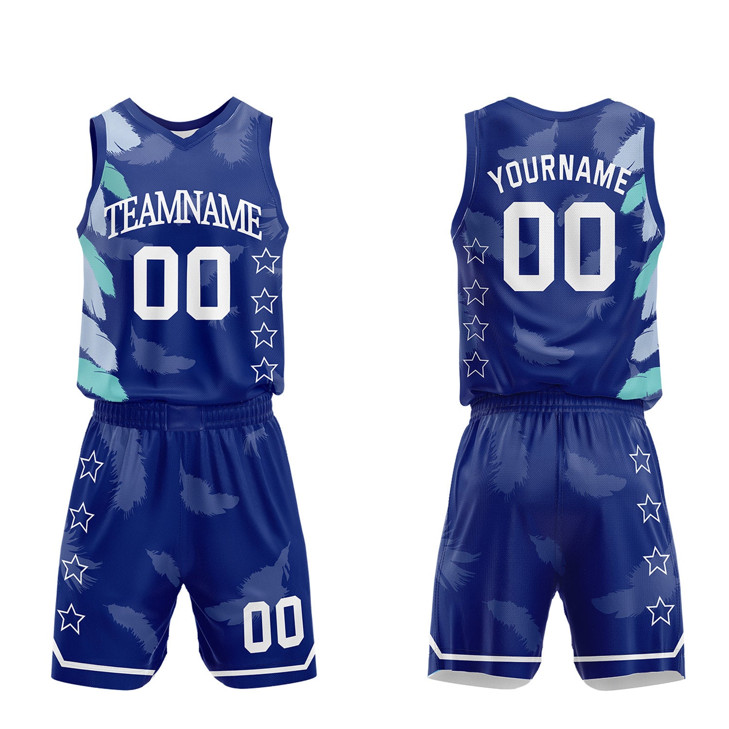 Custom sportswear manufacturer basketball, navy feather sublimated jersey and shorts with personalized team name, player number and logo, breathable quick dry mesh for team games.