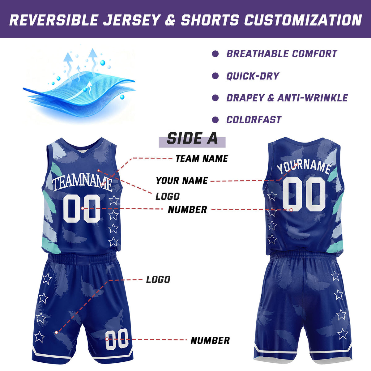 Custom Basketball Jerseys and Shorts Set | Navy Feather V-Neck Sublimated Team Uniform