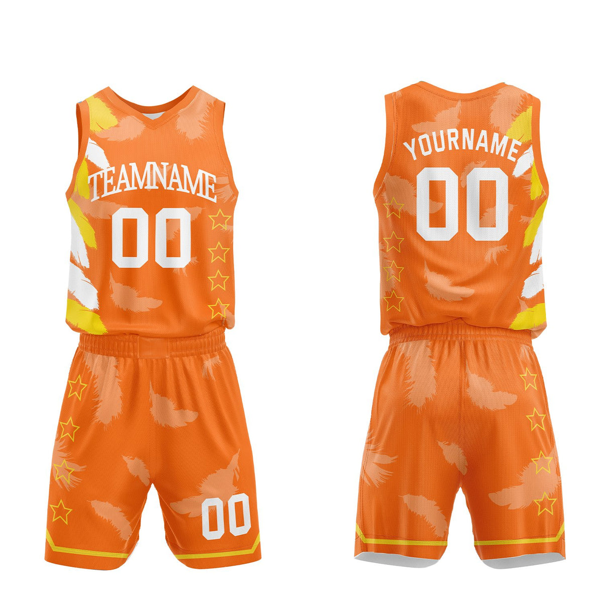 Custom sportswear manufacturer basketball, orange feather sublimated jersey and shorts with personalized team name, player number and logo, breathable quick dry mesh for team games.