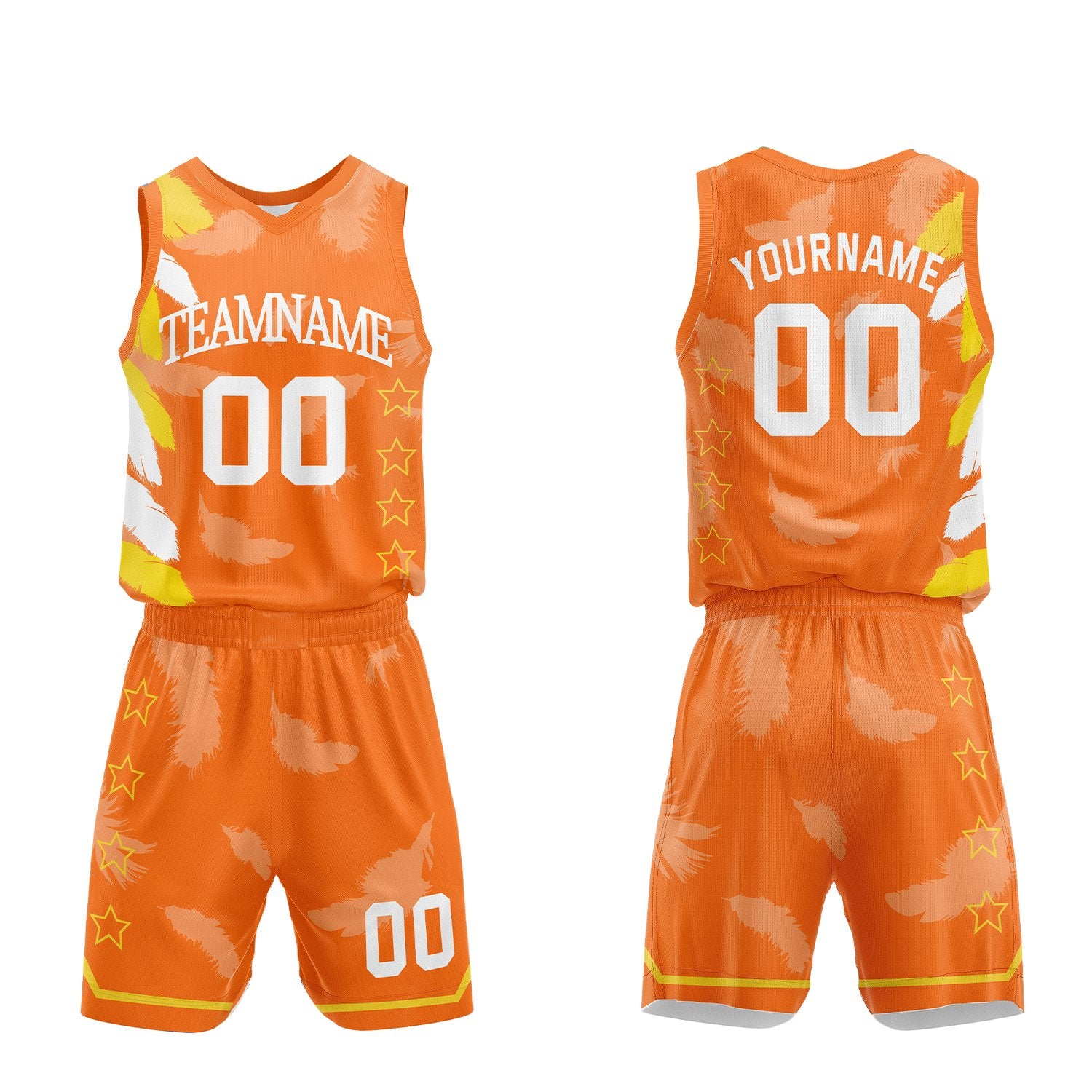 Custom sportswear manufacturer basketball, orange feather sublimated jersey and shorts with personalized team name, player number and logo, breathable quick dry mesh for team games.