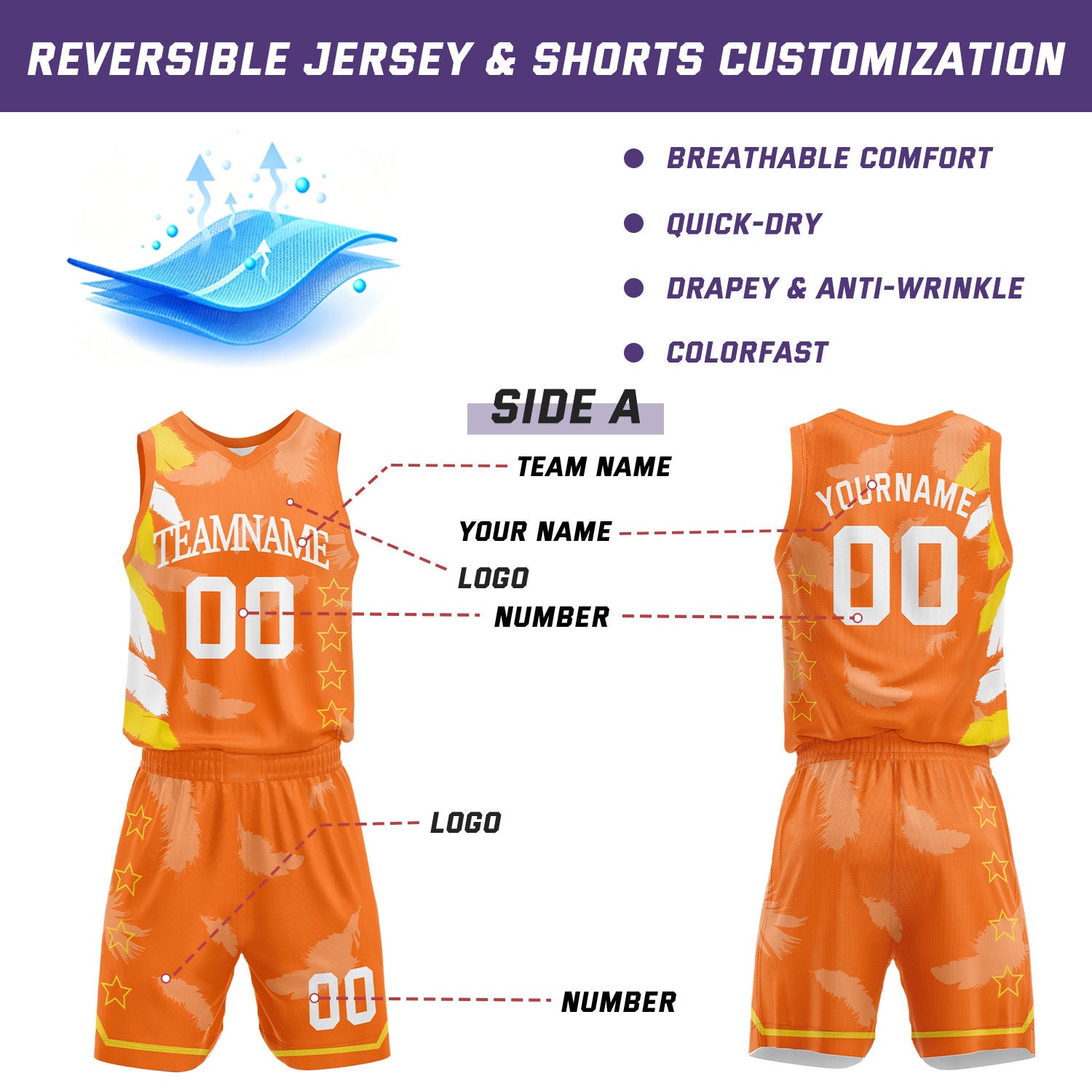 Custom Basketball Jerseys and Shorts Set | Orange Feather V-Neck Sublimated Team Uniform