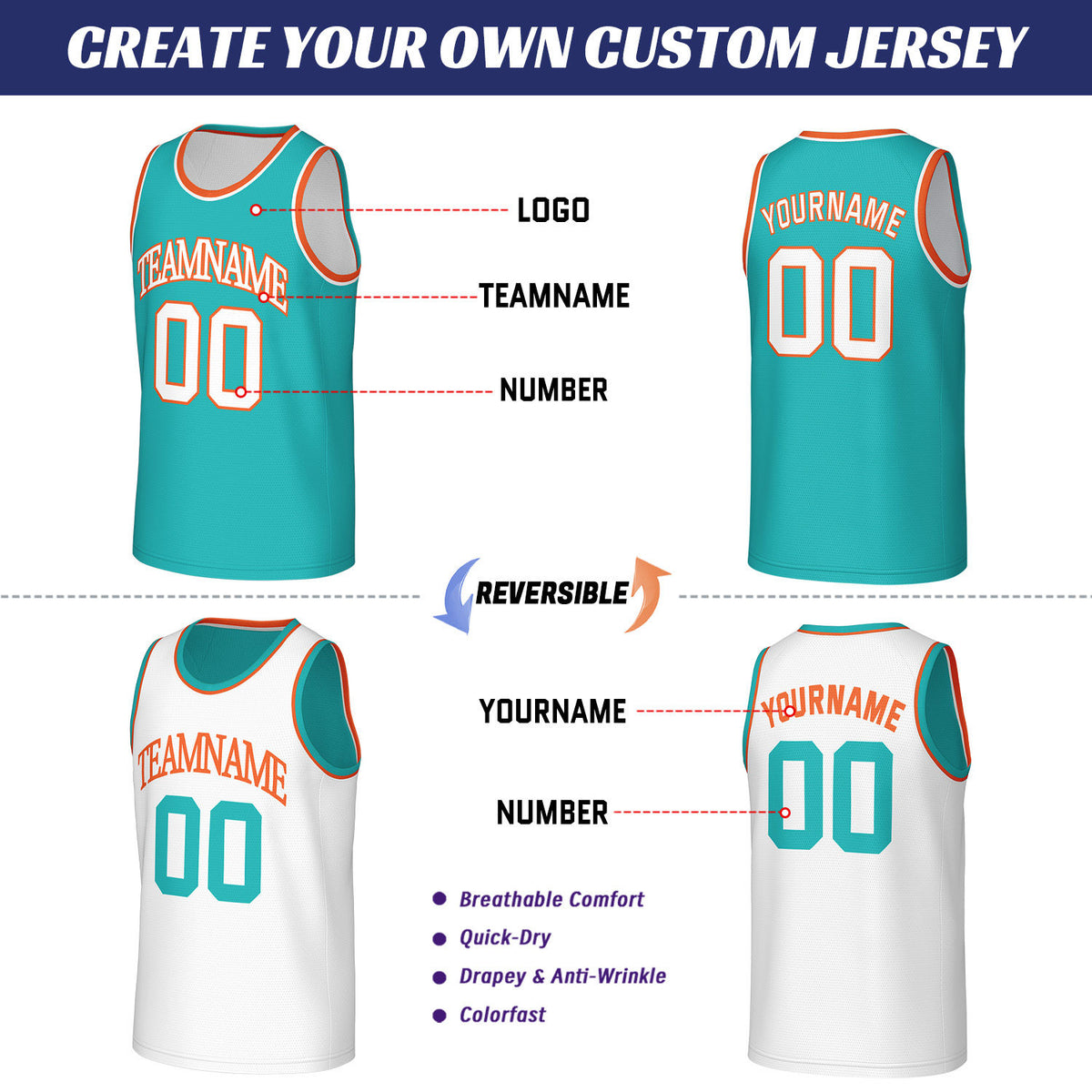 Custom Teal & White Reversible Basketball Jersey | Personalized Sleeveless Mesh Jersey for Men Women Youth