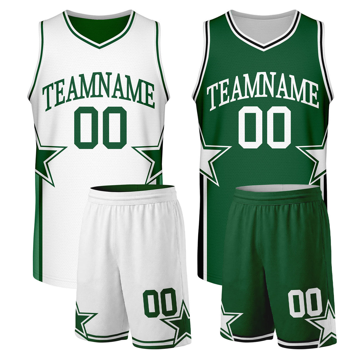 custom sportswear manufacturer basketball white green reversible by Vosoli. Personalized team name, player number & logo. Breathable mesh. Fast delivery.
