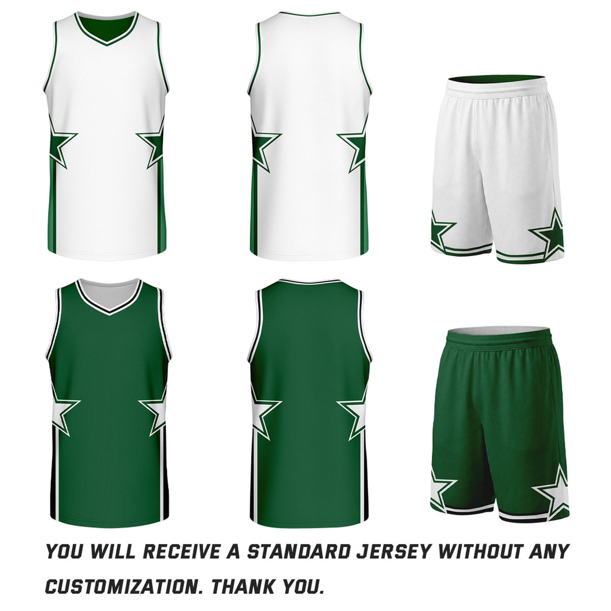 Custom White & Green Star Graphic Reversible Basketball Uniform Set | Breathable Mesh Jersey & Shorts for Team Sports