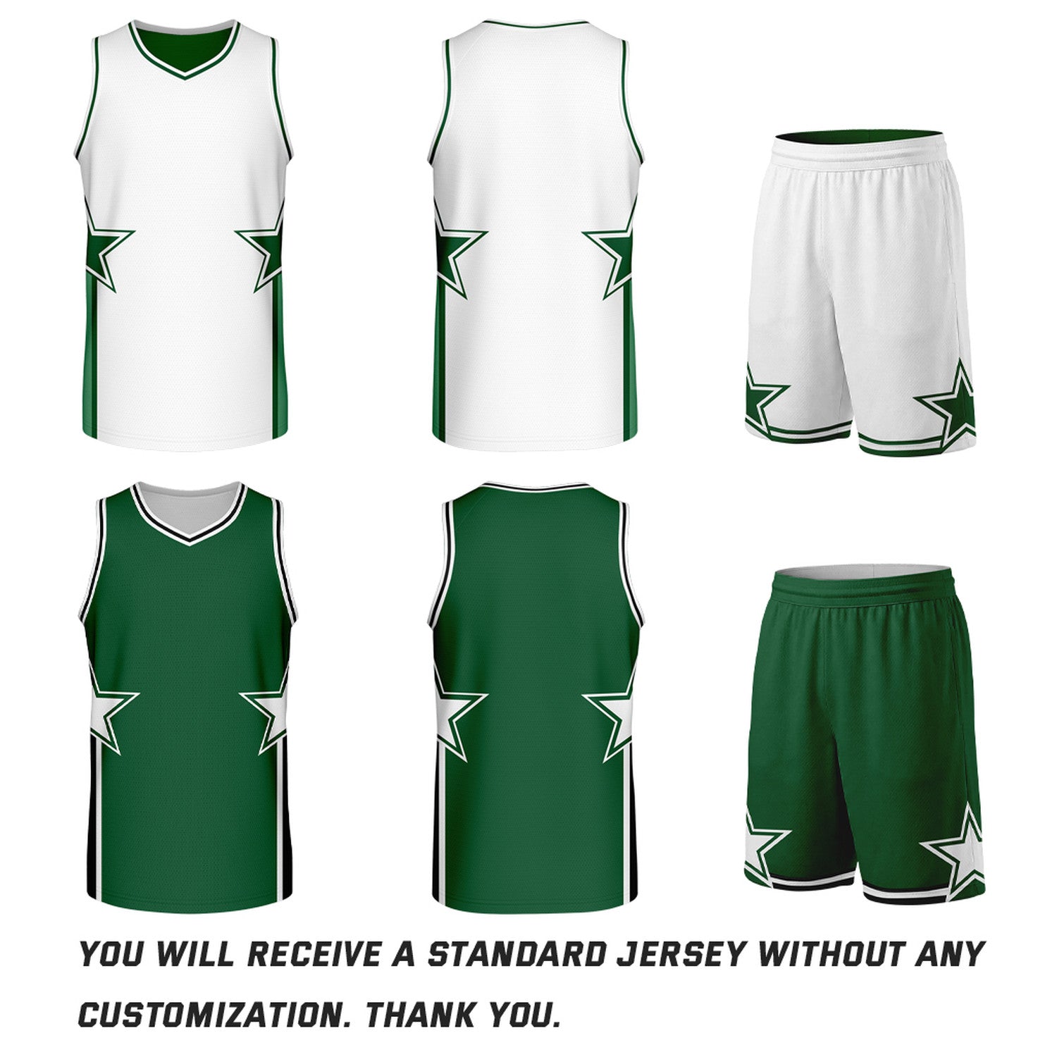 Custom White & Green Star Graphic Reversible Basketball Uniform Set | Breathable Mesh Jersey & Shorts for Team Sports