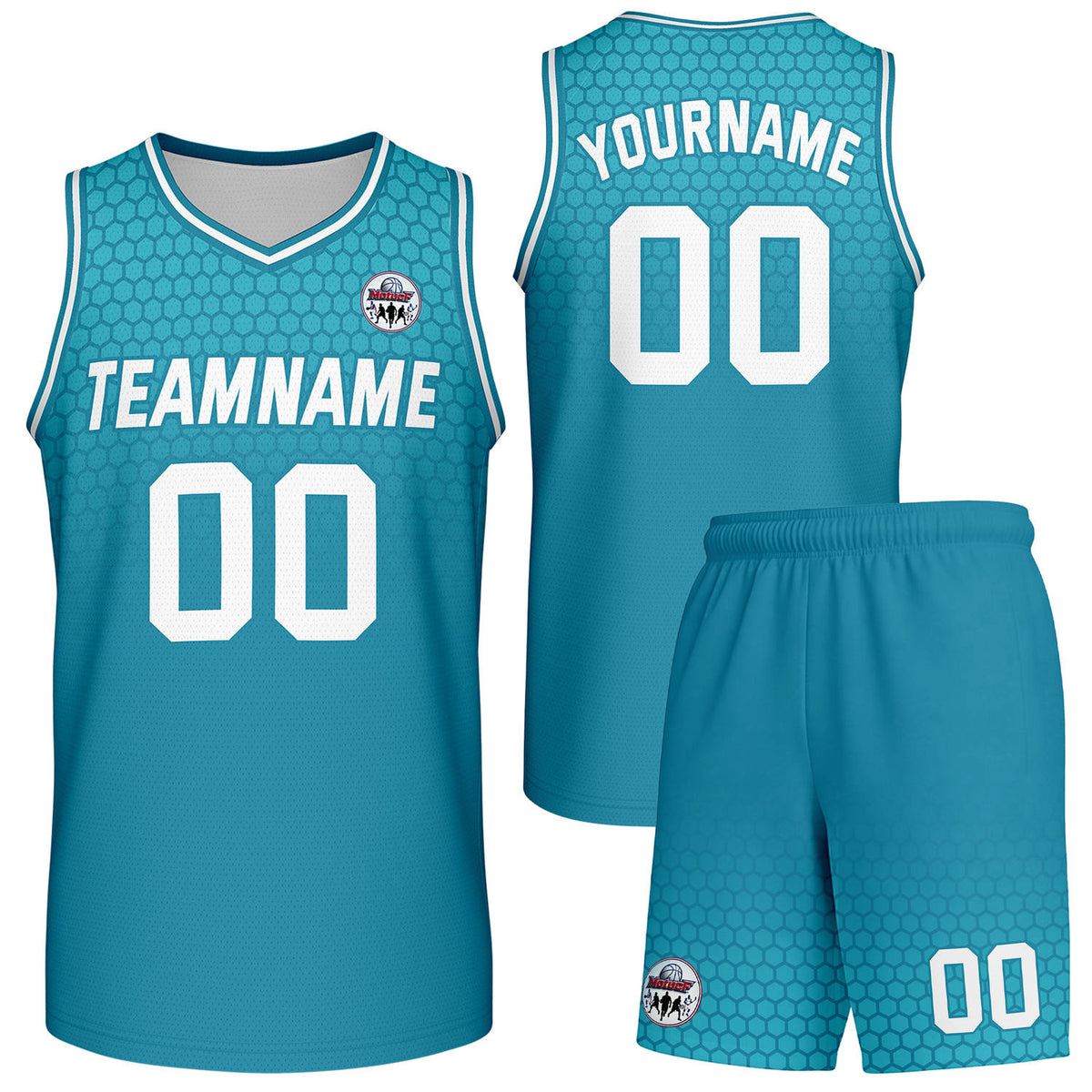 Custom teal honeycomb-pattern basketball uniform set, personalized team name number logo breathable mesh jersey and shorts men women youth game practice - Vosoli