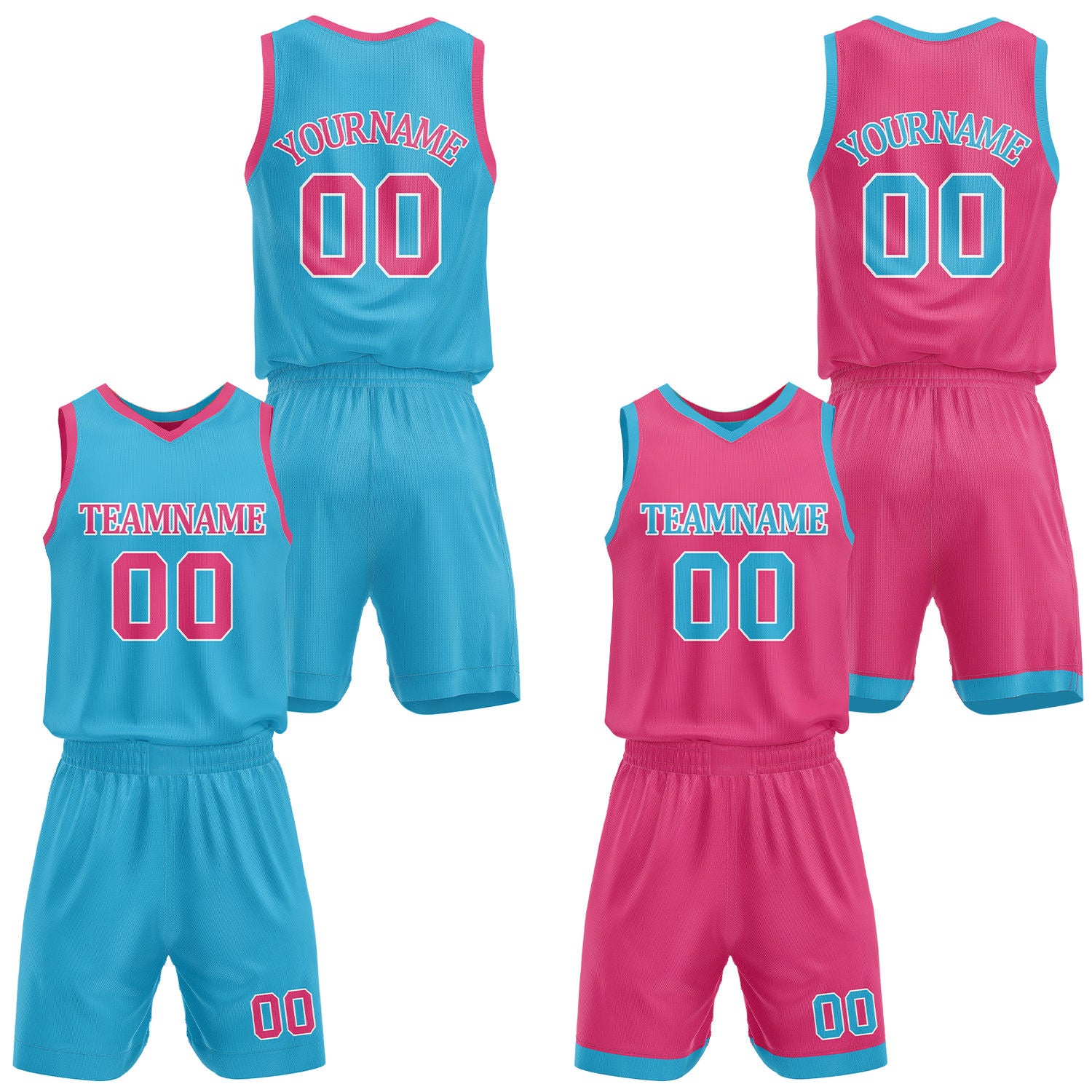 Custom teal & hot pink reversible basketball jersey shorts set by Vosoli | Personalized team name number casual uniform sportswear