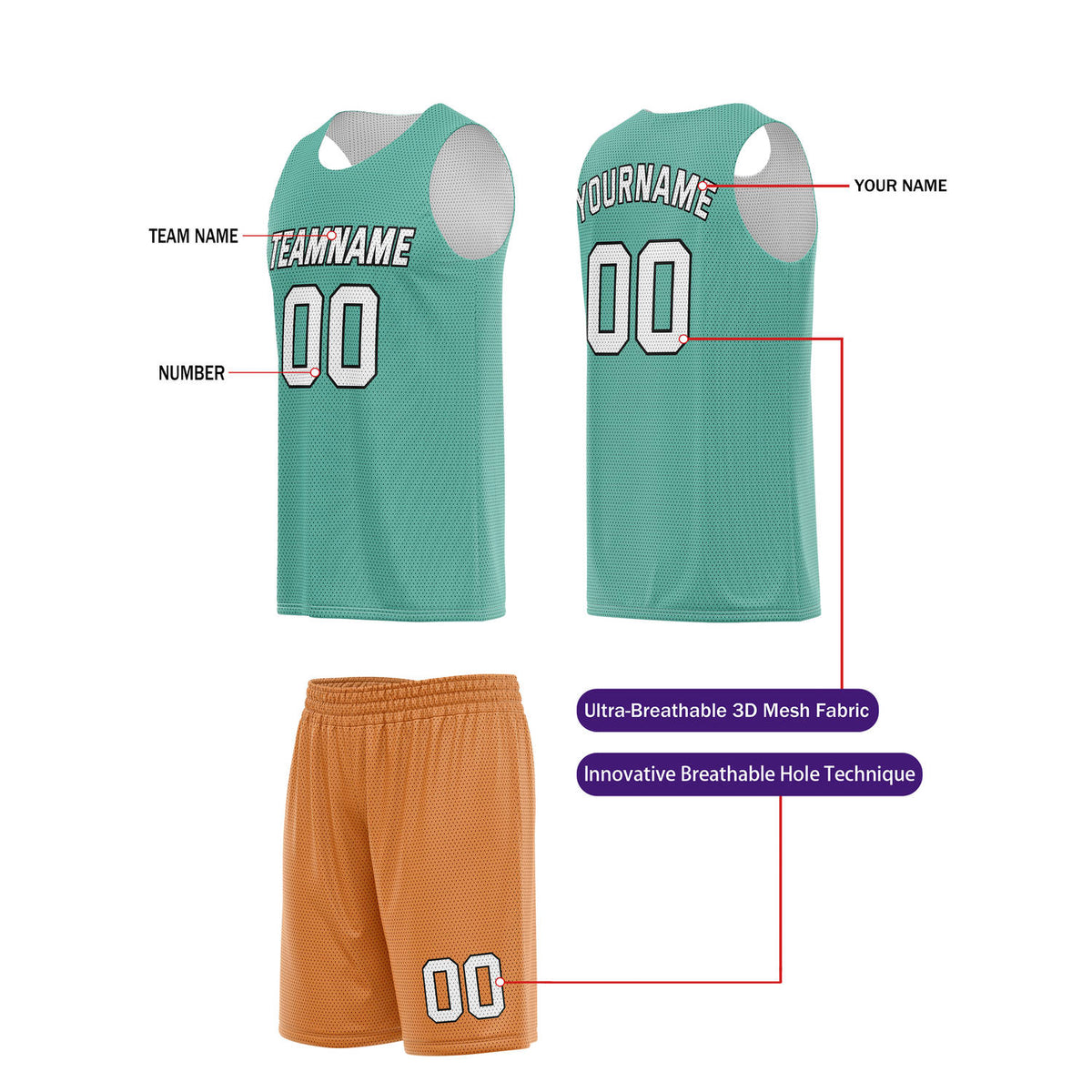 Custom Teal & Orange Basketball Jersey + Shorts Set - Personalized Team Name, Number | Vosoli
