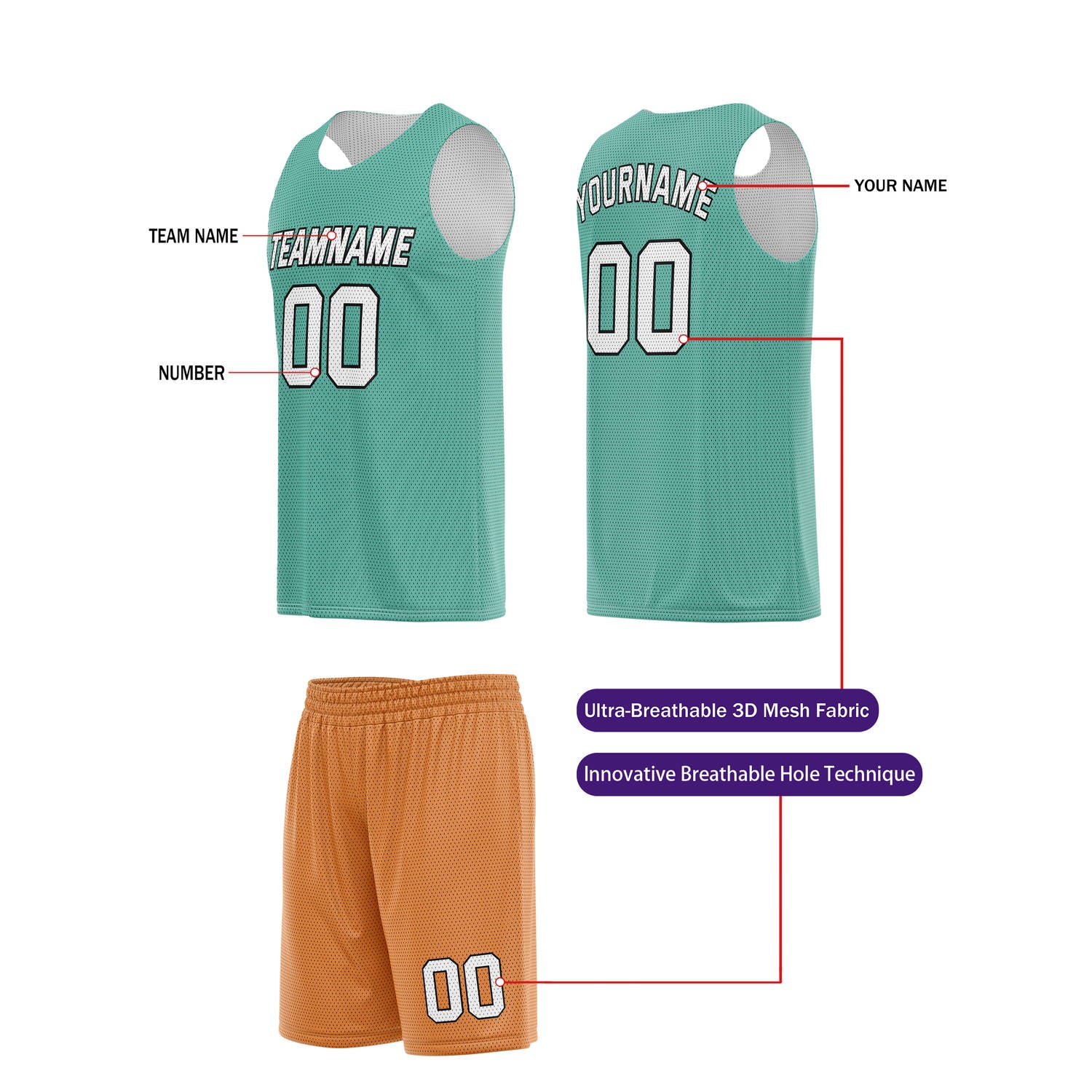 Custom Teal & Orange Basketball Jersey + Shorts Set - Personalized Team Name, Number | Vosoli