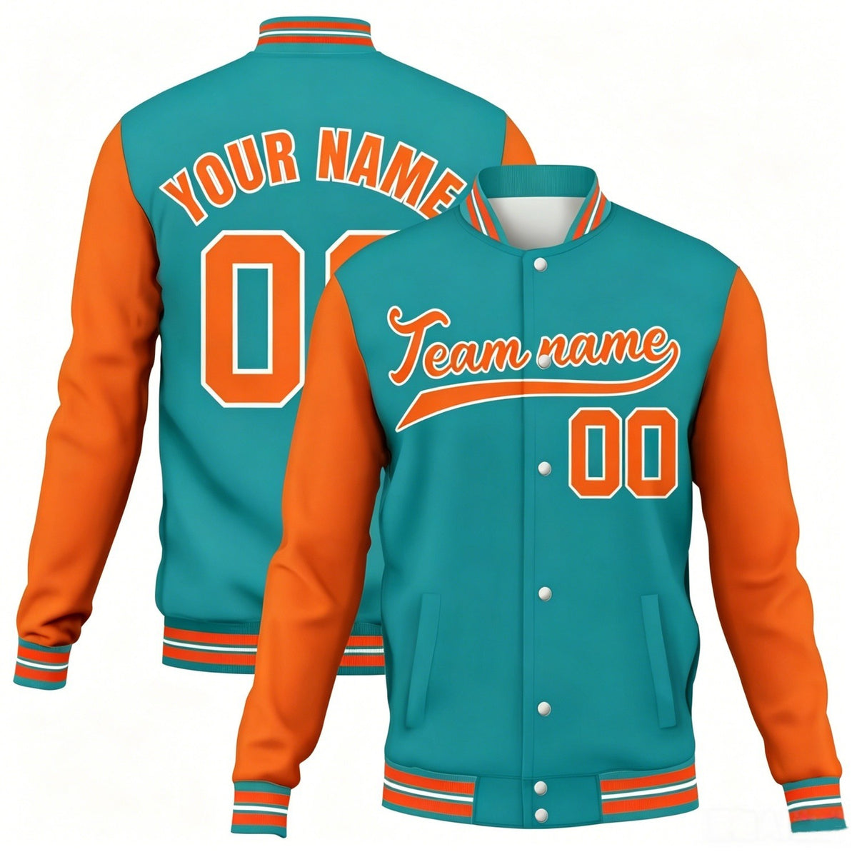 Custom teal-orange contrast sleeve stitched varsity baseball jacket by Vosoli | Personalized team name &amp; number jacket for youth &amp; adults