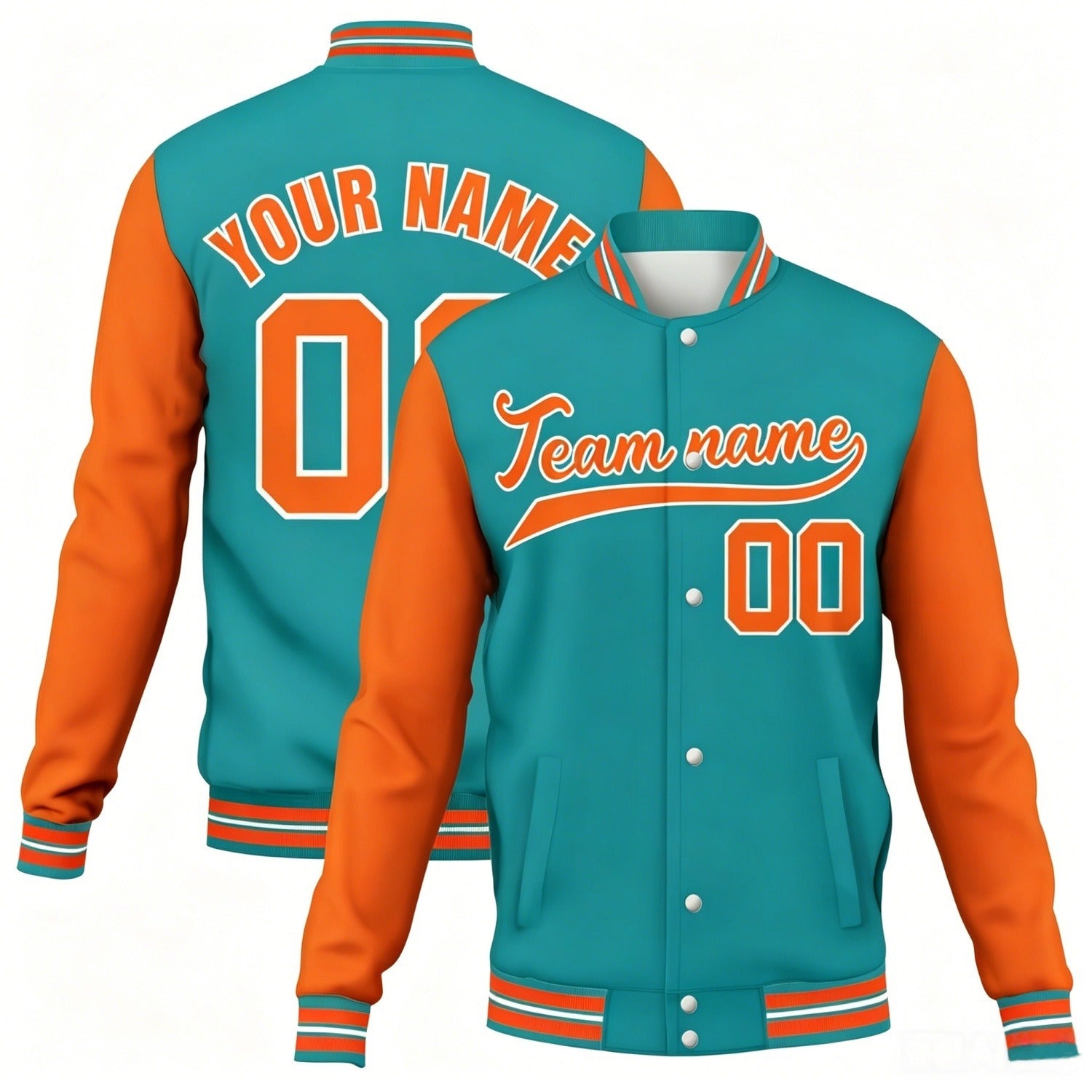 Custom teal-orange contrast sleeve stitched varsity baseball jacket by Vosoli | Personalized team name & number jacket for youth & adults