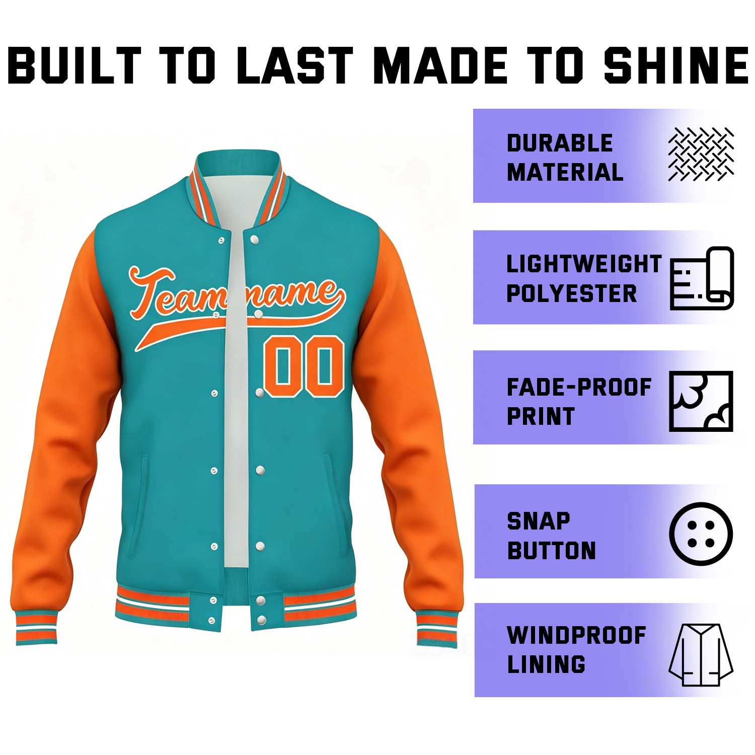 Custom Teal & Orange Contrast Sleeve Varsity Baseball Jacket | Personalized Team Name & Number