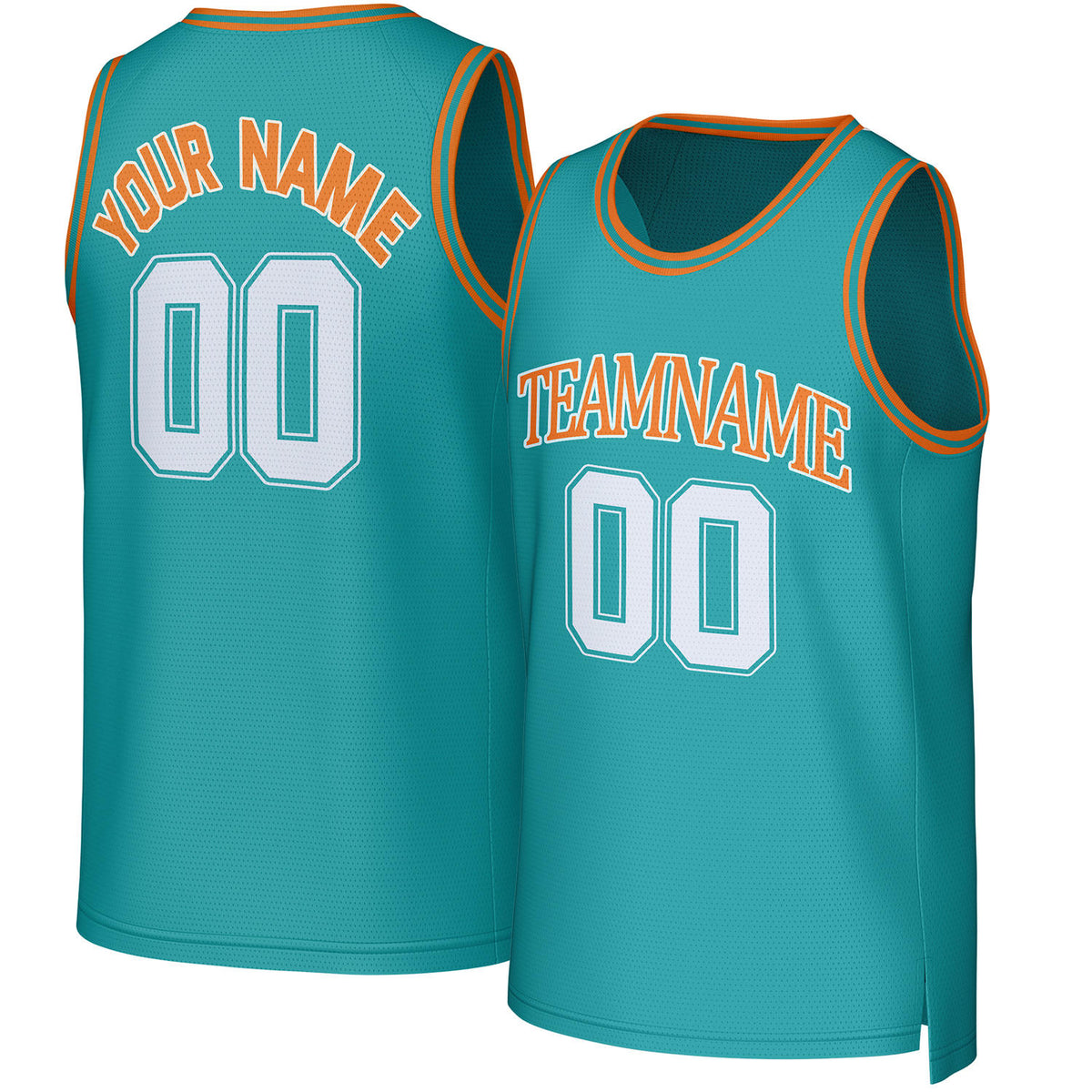 Custom teal & orange basketball jersey by Vosoli. Personalized with team name, player name, number, and logo. Breathable mesh jersey for high school, college, AAU teams.