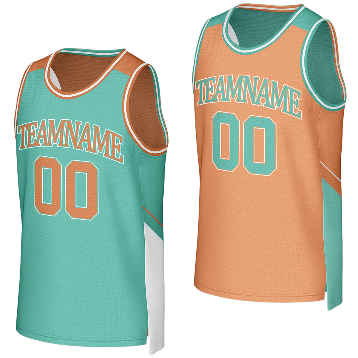 Custom teal & orange reversible basketball jersey by Vosoli. Personalized with team name, player name, number, and logo on both sides. Breathable mesh 2‑in‑1 jersey for high school, college, AAU teams.